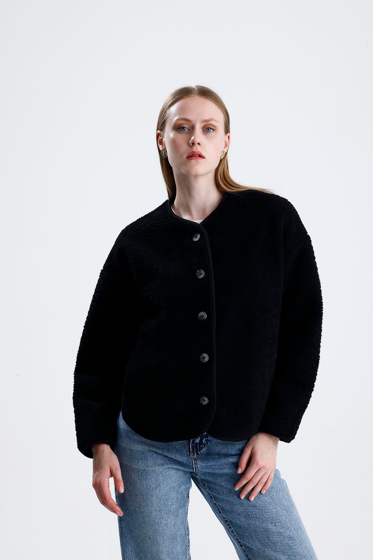 İçi Polarlı Düğmeli Peluş Ceket - Siyah
