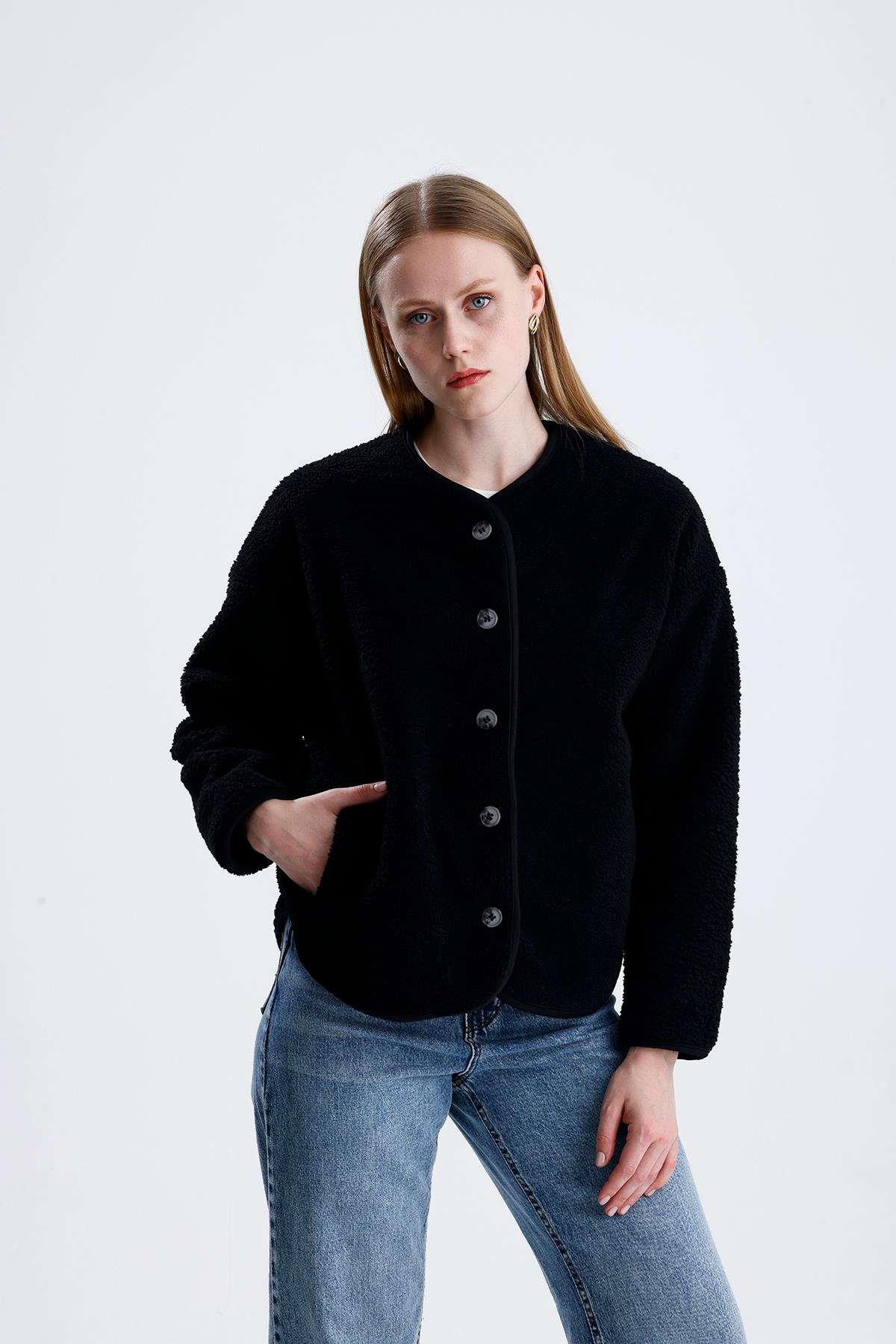 İçi Polarlı Düğmeli Peluş Ceket - Siyah