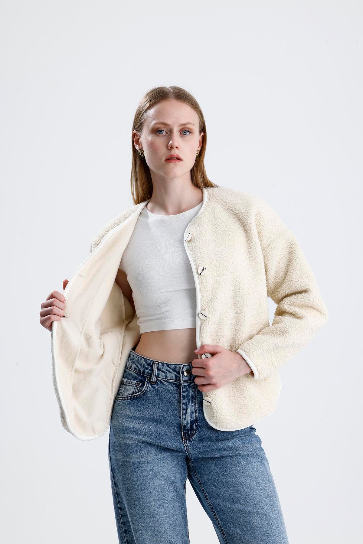 İçi Polarlı Düğmeli Peluş Ceket - Taş