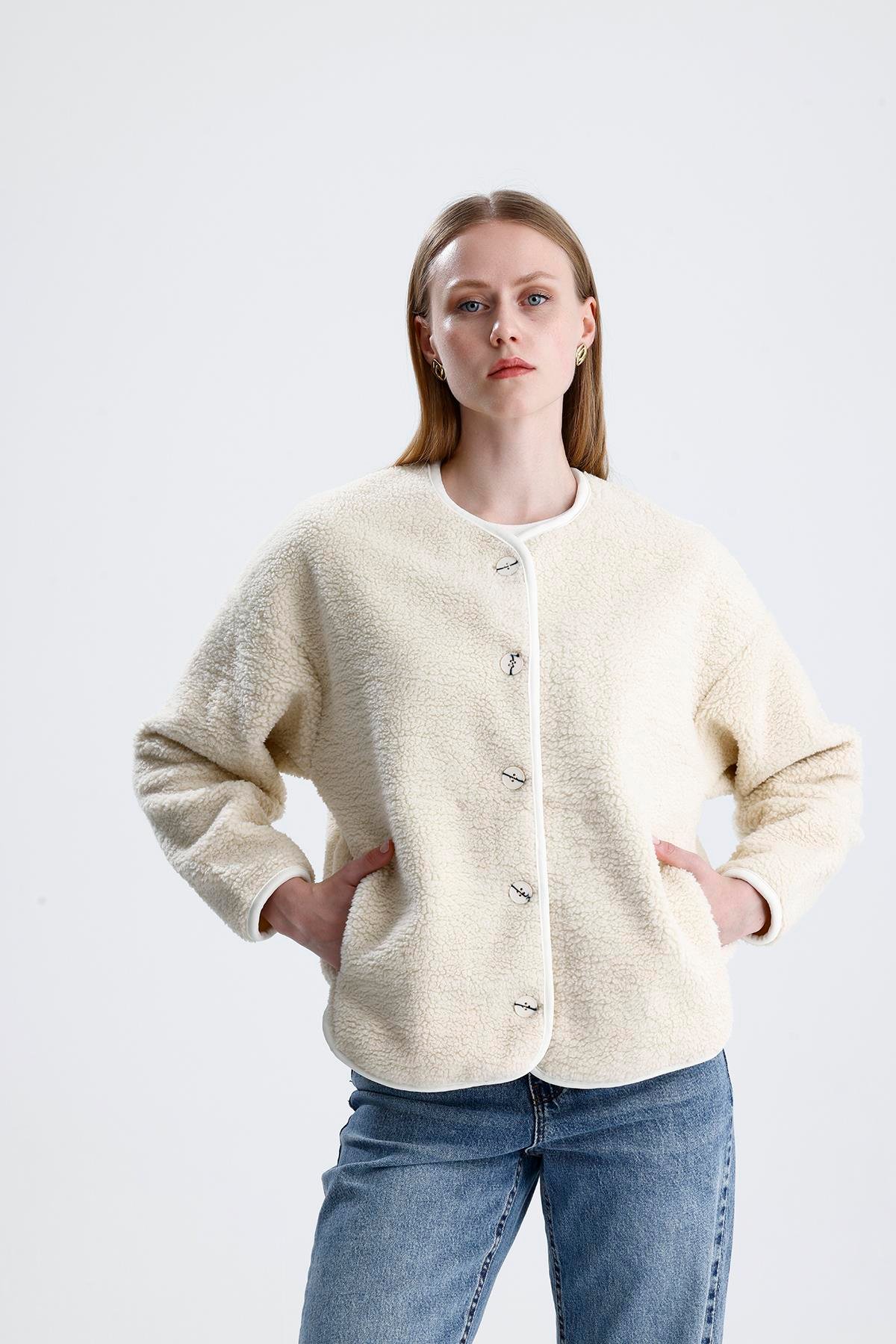 İçi Polarlı Düğmeli Peluş Ceket - Taş