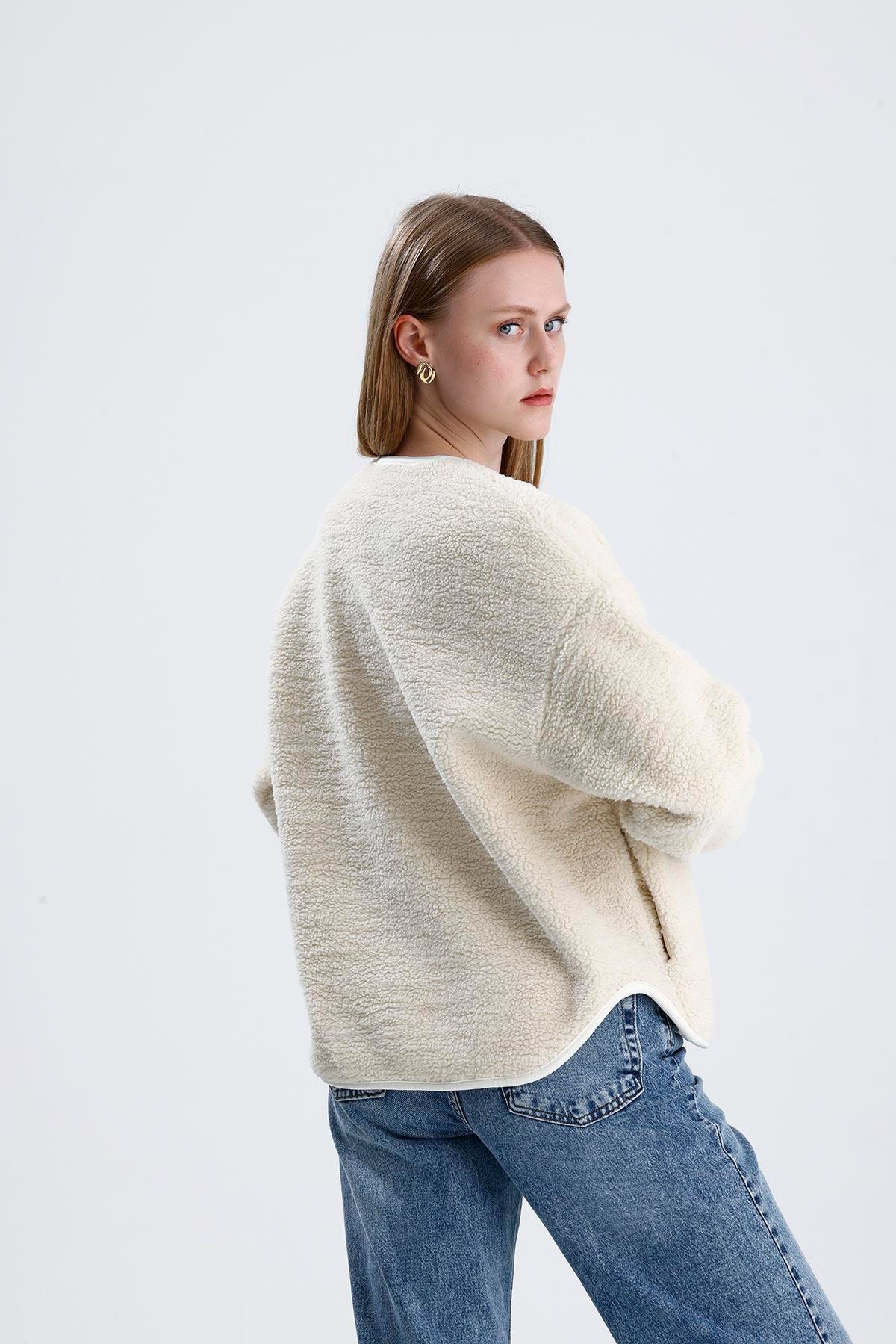 İçi Polarlı Düğmeli Peluş Ceket - Taş