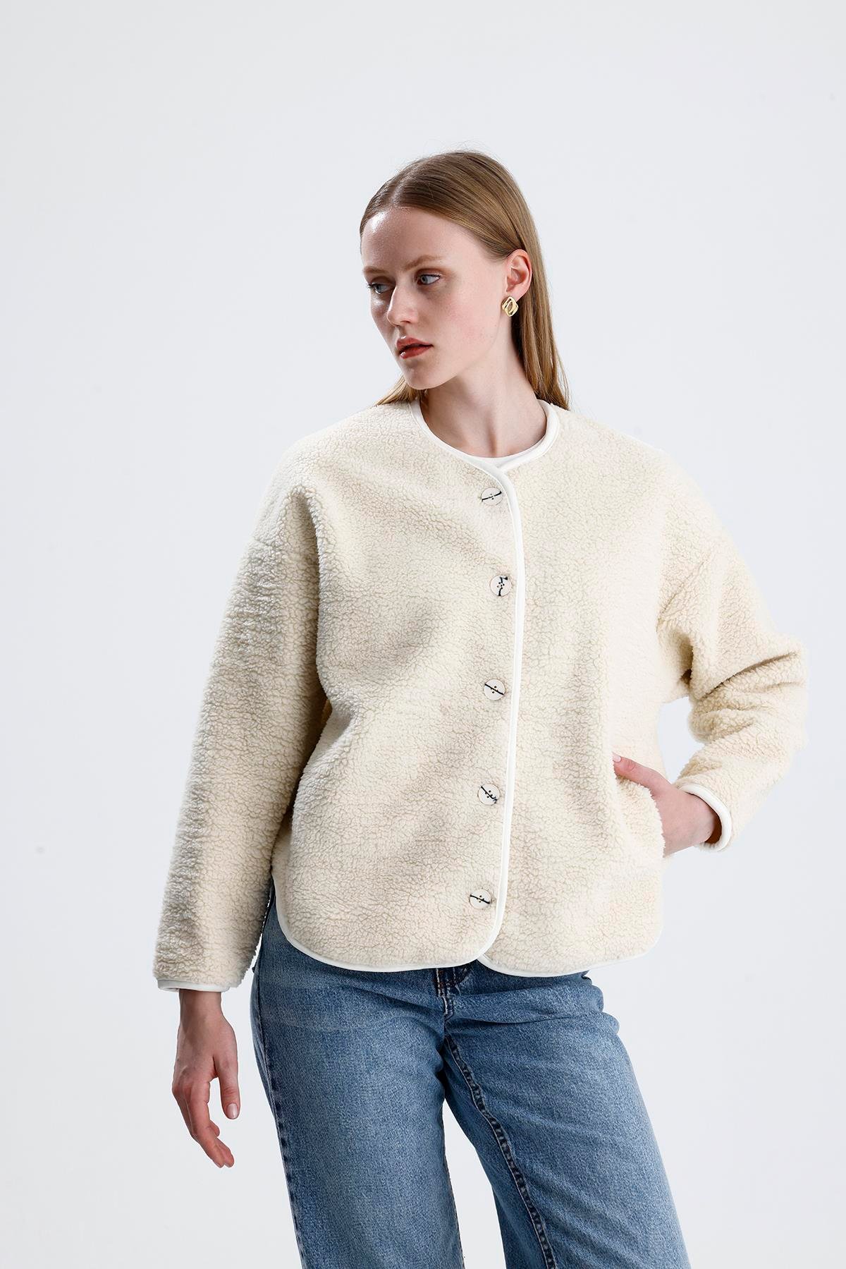 İçi Polarlı Düğmeli Peluş Ceket - Taş