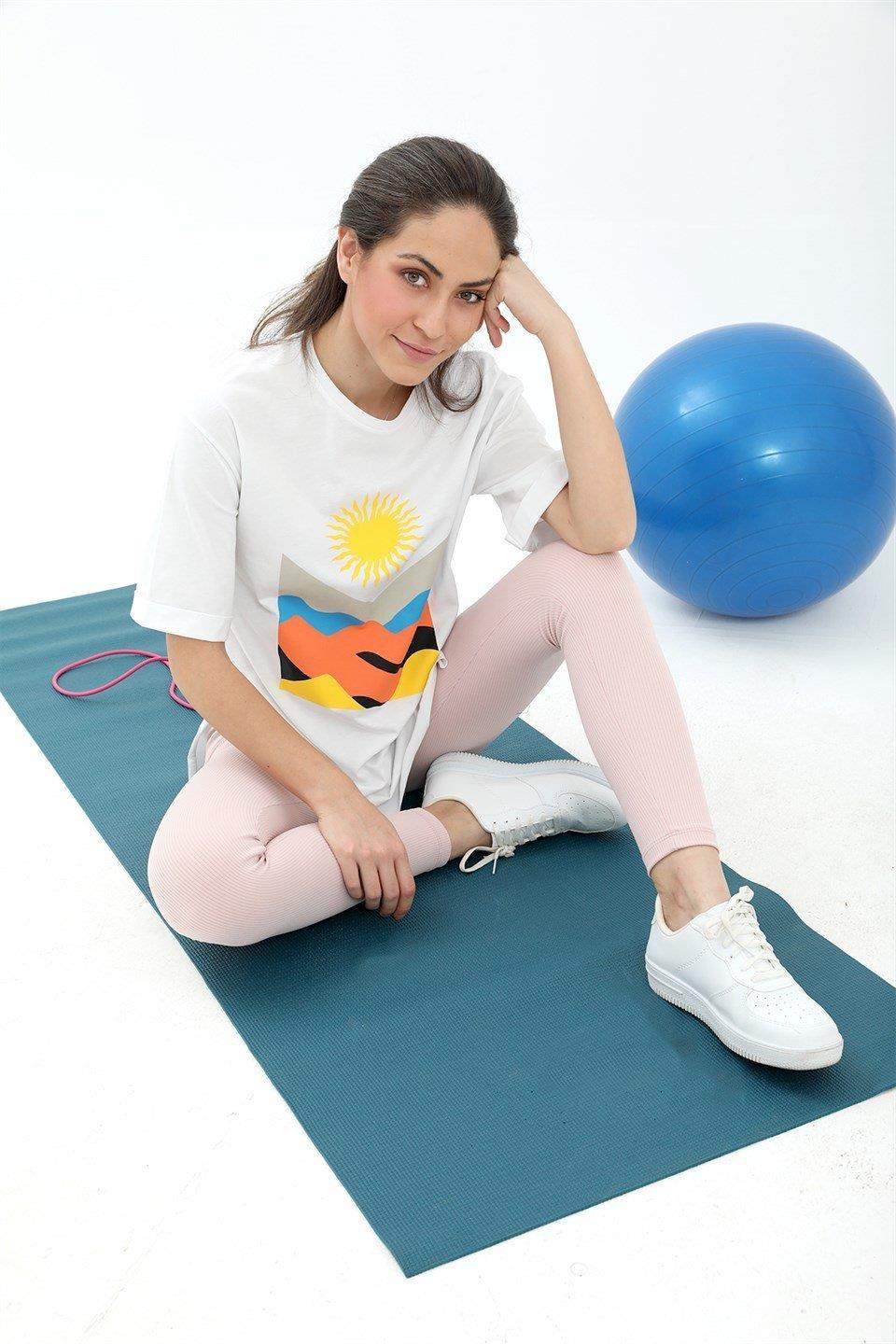İkili Takım Geniş Kemer Fitilli Tayt T-shirt - Beyaz