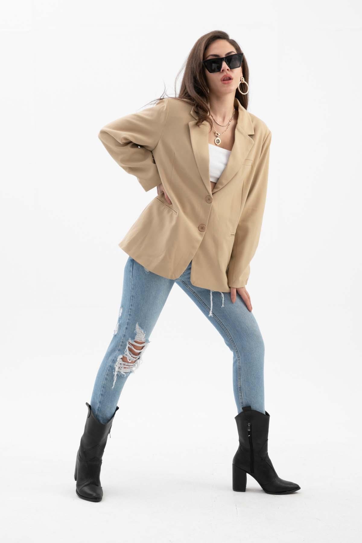 Kadın Kruvaze Yaka Oversize Blazer Ceket - Vizon