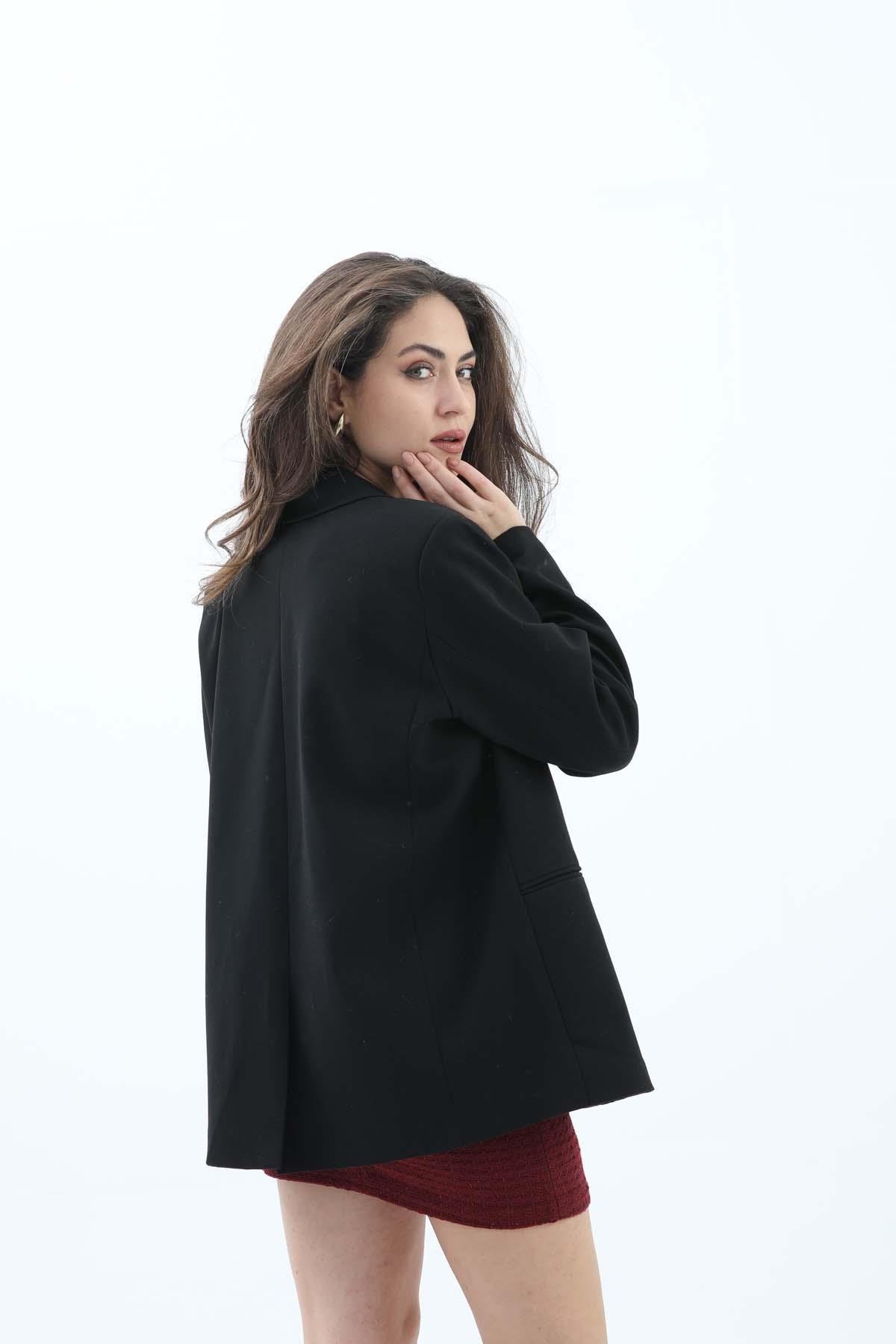 Kadın Kruvaze Yaka Oversize Blazer Ceket - Siyah