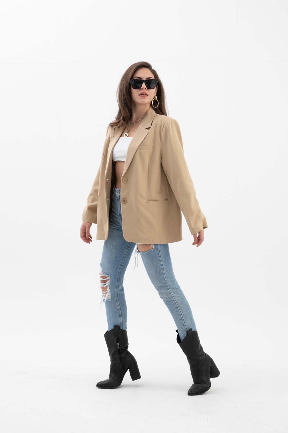 Kadın Kruvaze Yaka Oversize Blazer Ceket - Vizon