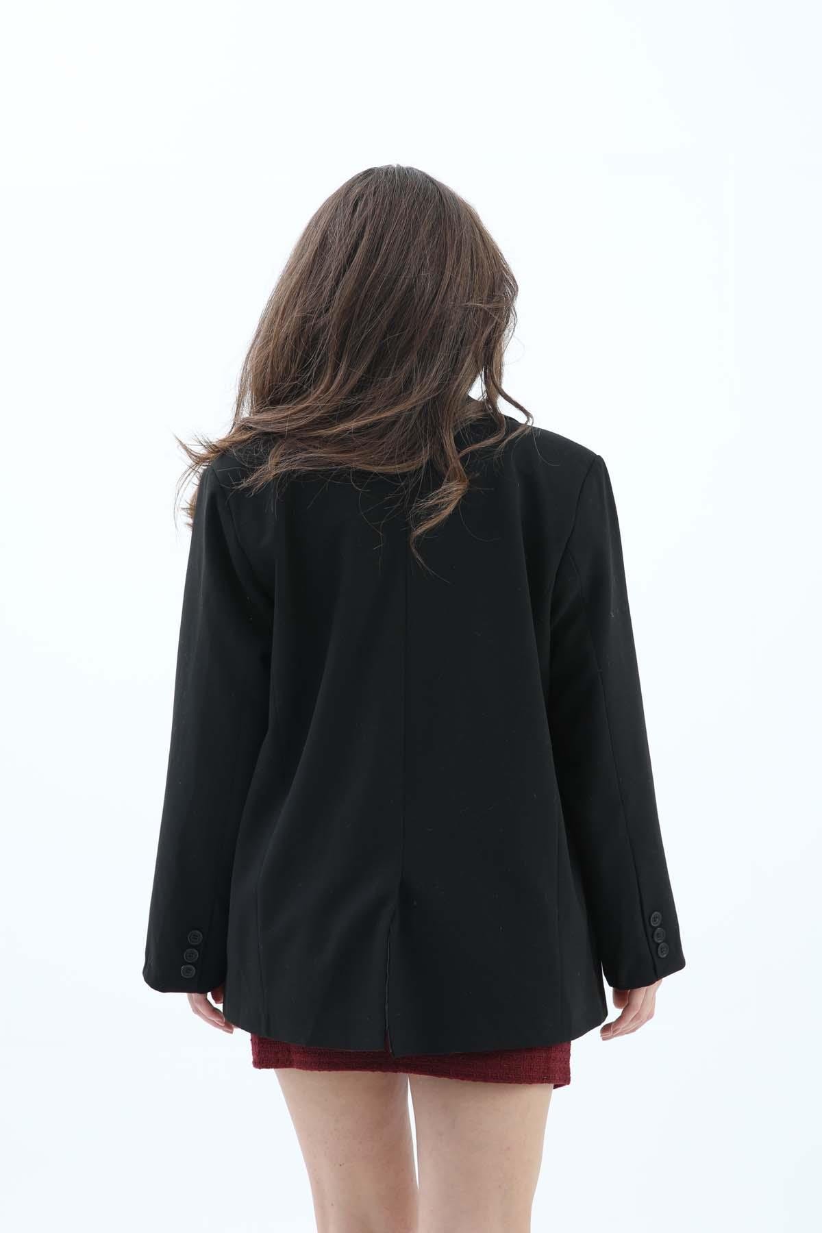 Kadın Kruvaze Yaka Oversize Blazer Ceket - Siyah