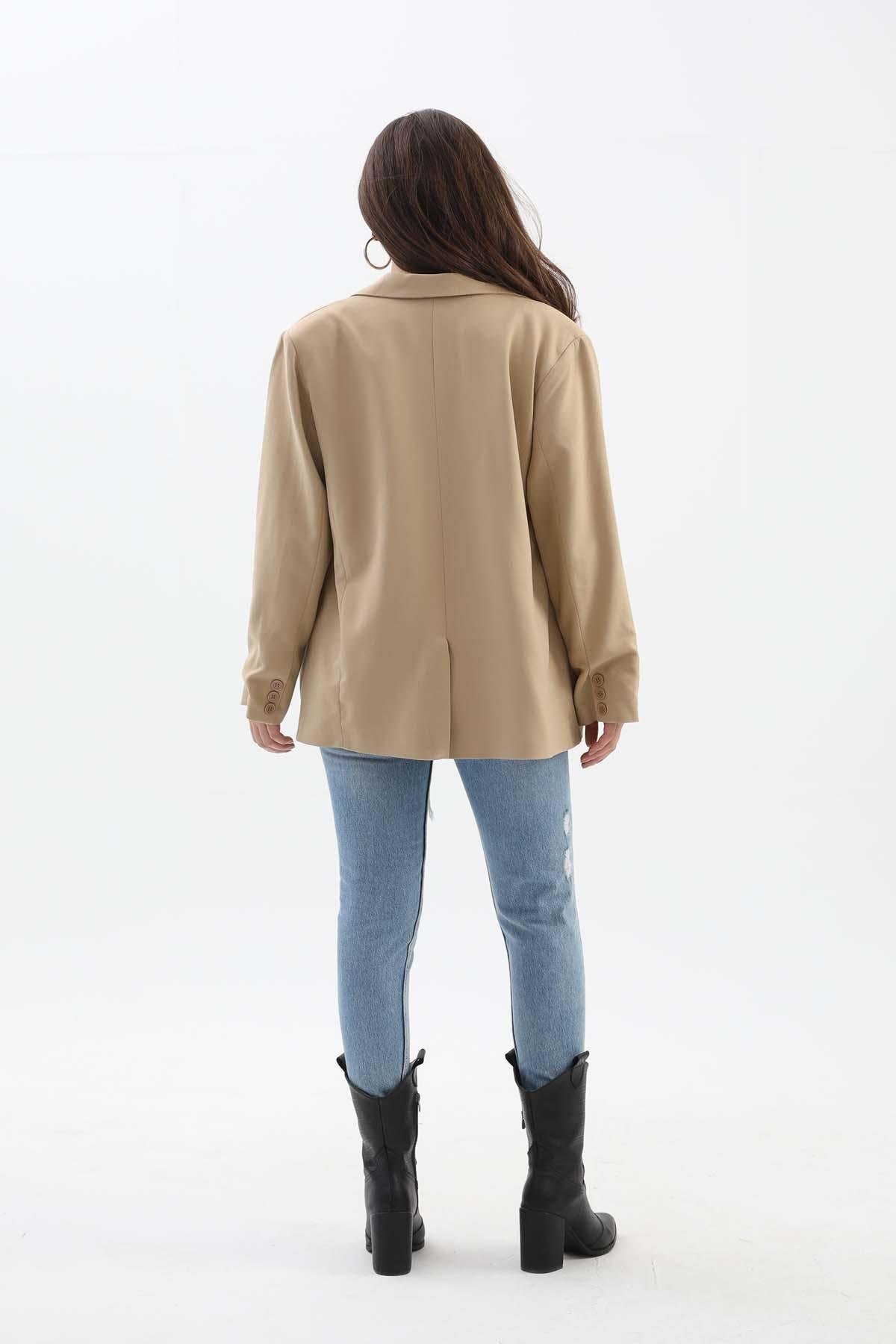 Kadın Kruvaze Yaka Oversize Blazer Ceket - Vizon