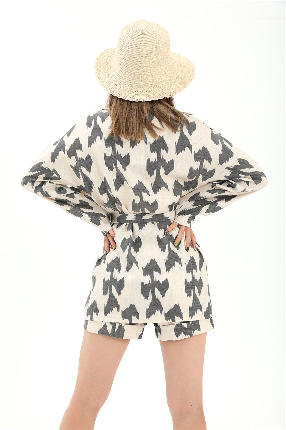 Kemerli Desenli Oversize Blazer Ceket - Siyah