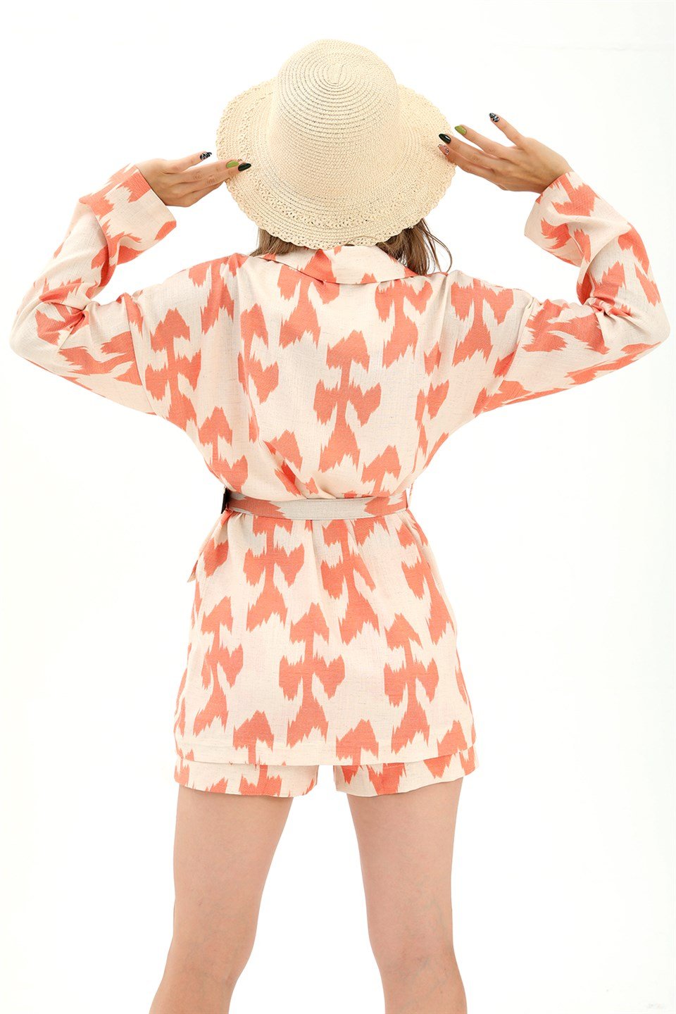 Kemerli Desenli Oversize Blazer Ceket - Turuncu