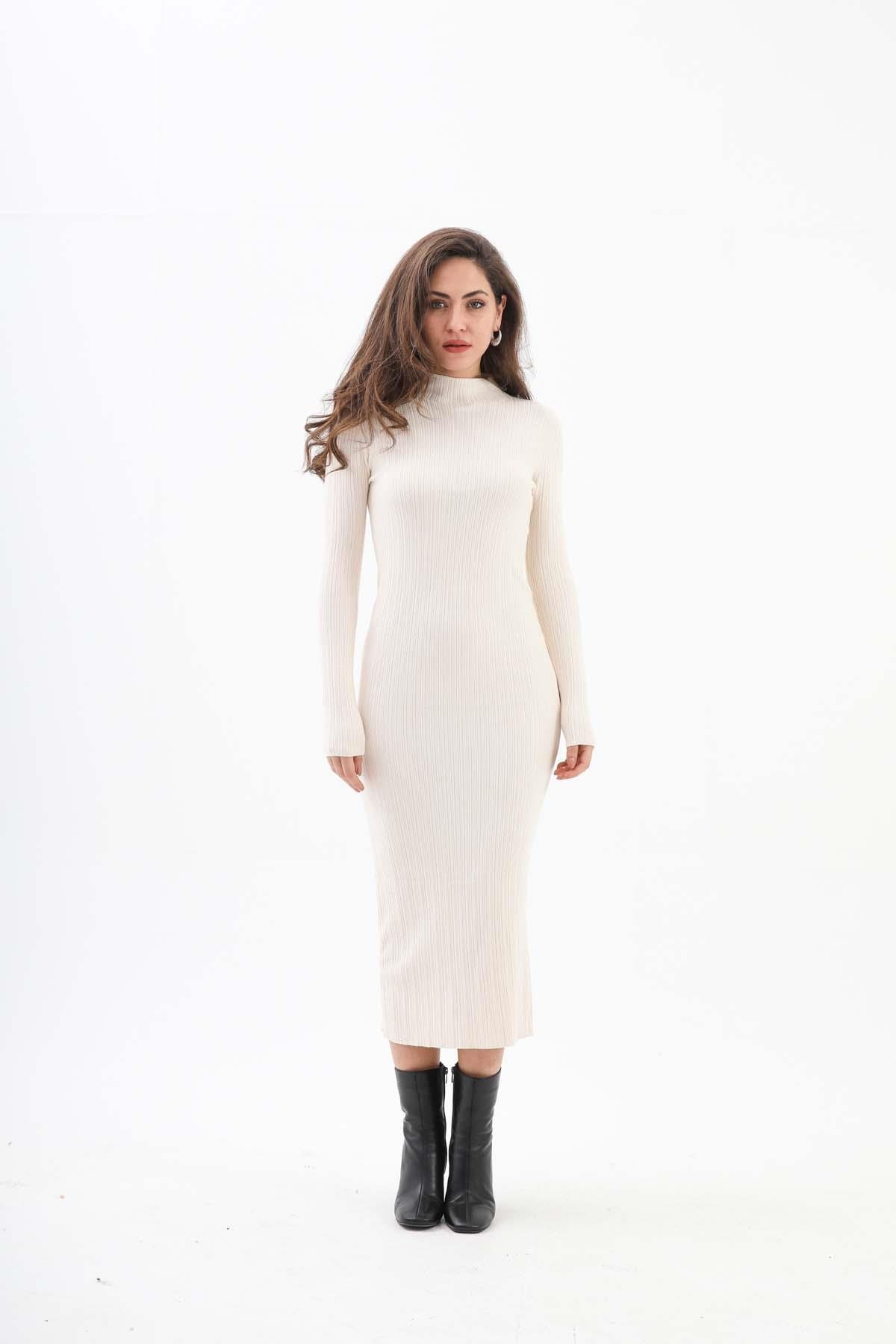 Kendinden Yaka Triko Fitilli Elbise - Krem