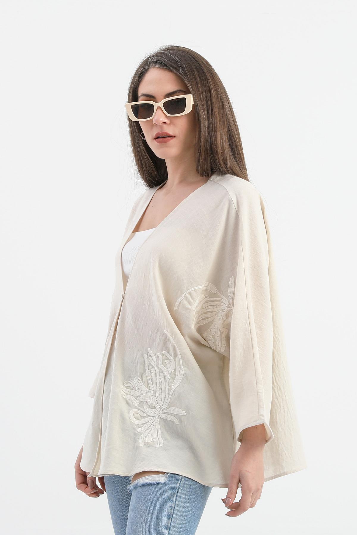 Keten Pul Payet Süzene Nakışlı Kimono - Bej