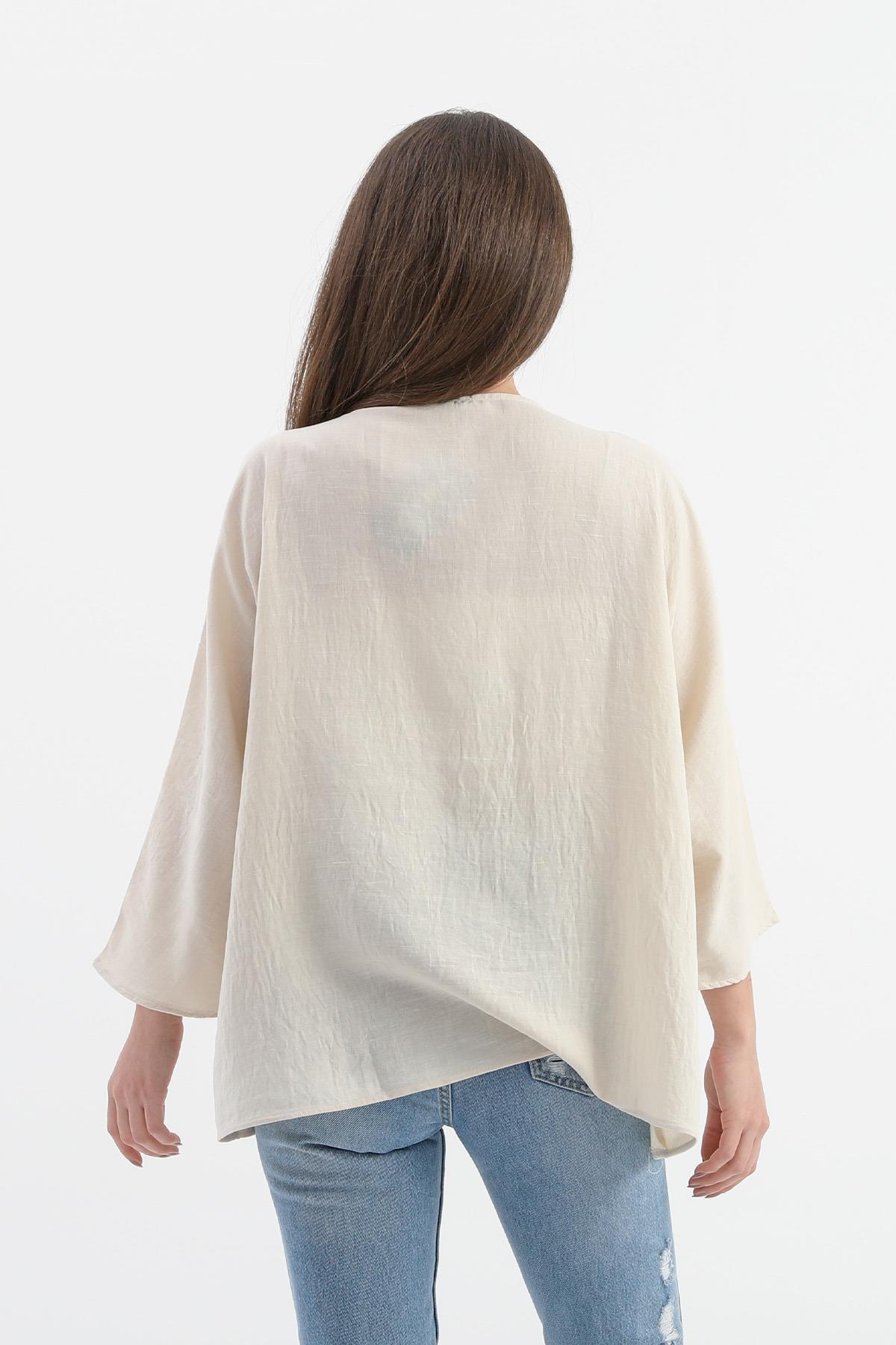 Keten Pul Payet Süzene Nakışlı Kimono - Bej