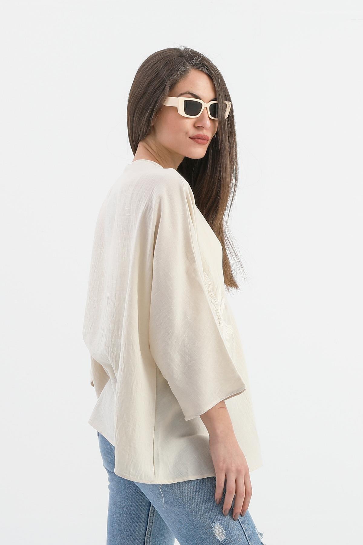 Keten Pul Payet Süzene Nakışlı Kimono - Bej