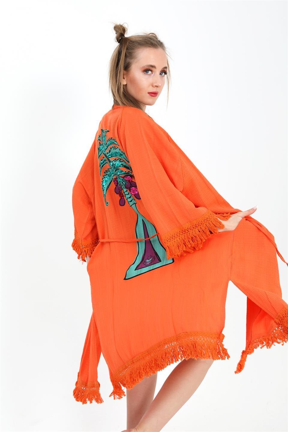 Kimono Palmiye Baskılı Püsküllü - Turuncu