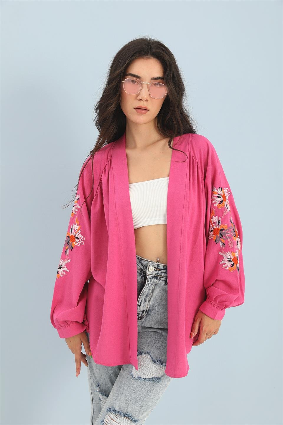 Kimono Reglan Kol Nakışlı Keten - Fuşya