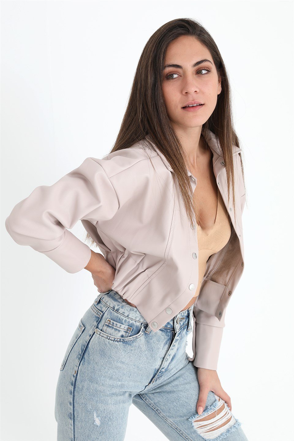Kolları Çıtçıtlı Beli Lastikli Kadın Deri Gömlek - Taş