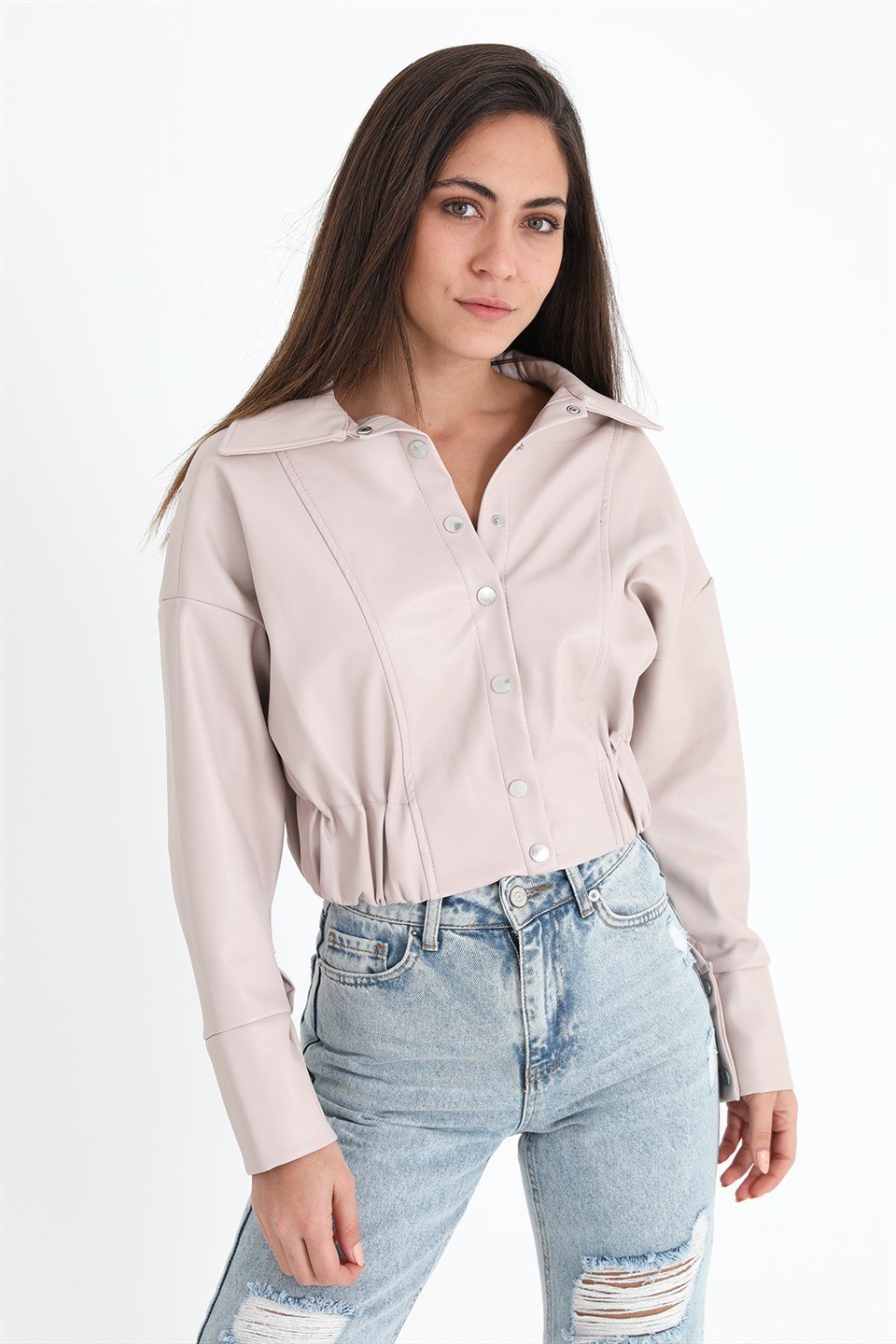 Kolları Çıtçıtlı Beli Lastikli Kadın Deri Gömlek - Taş