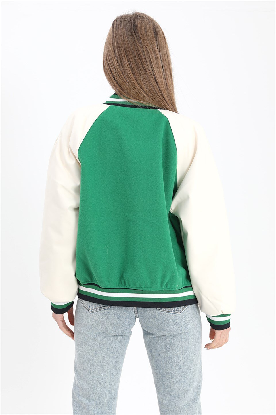 Kolları Deri Reglan Kollu Kolej Mont Ceket - Yeşil