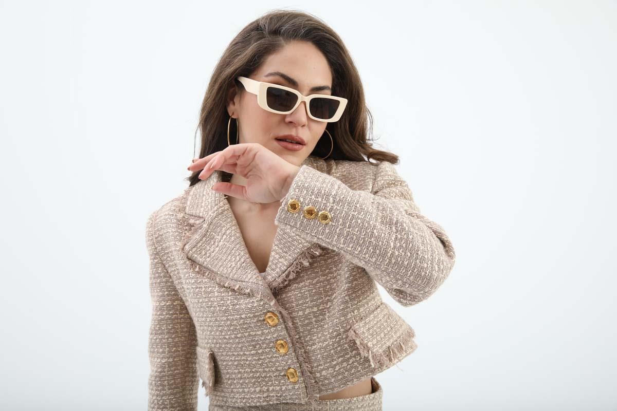 Kruvaze Yaka Cep ve Püskül Detaylı Chanel Ceket - Vizon