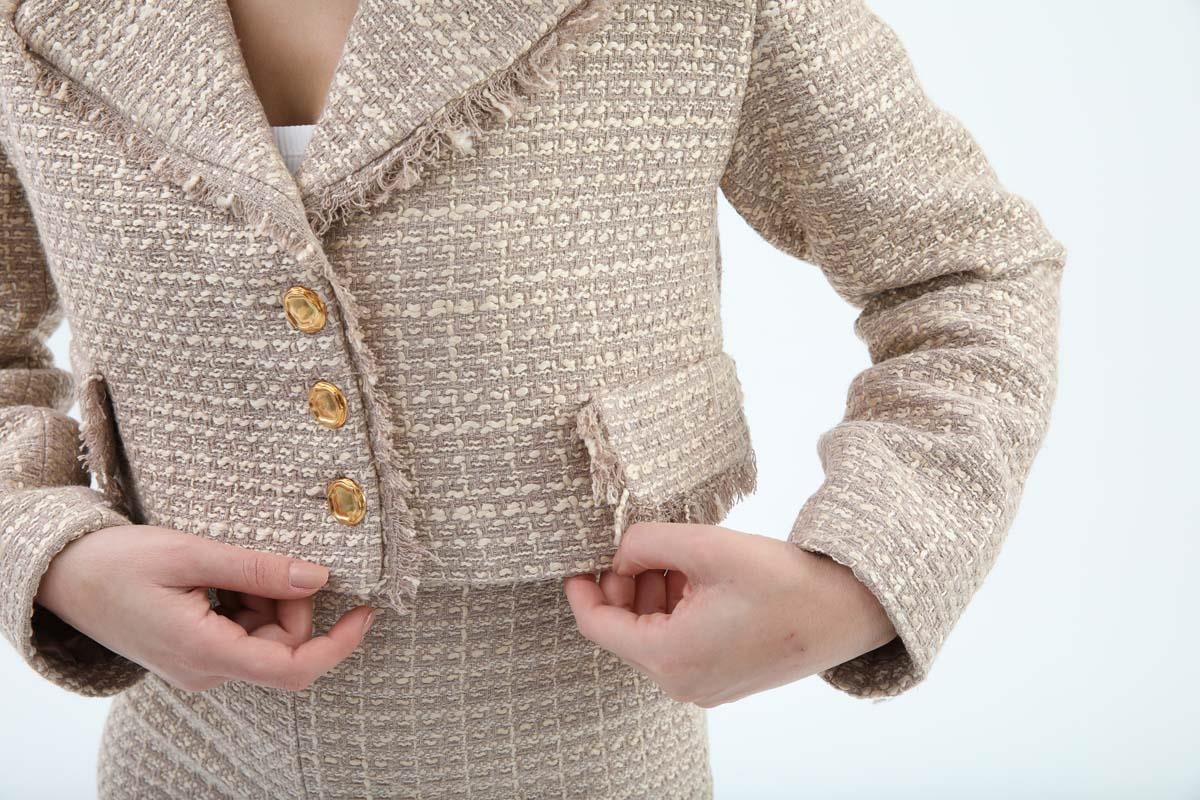 Kruvaze Yaka Cep ve Püskül Detaylı Chanel Ceket - Vizon