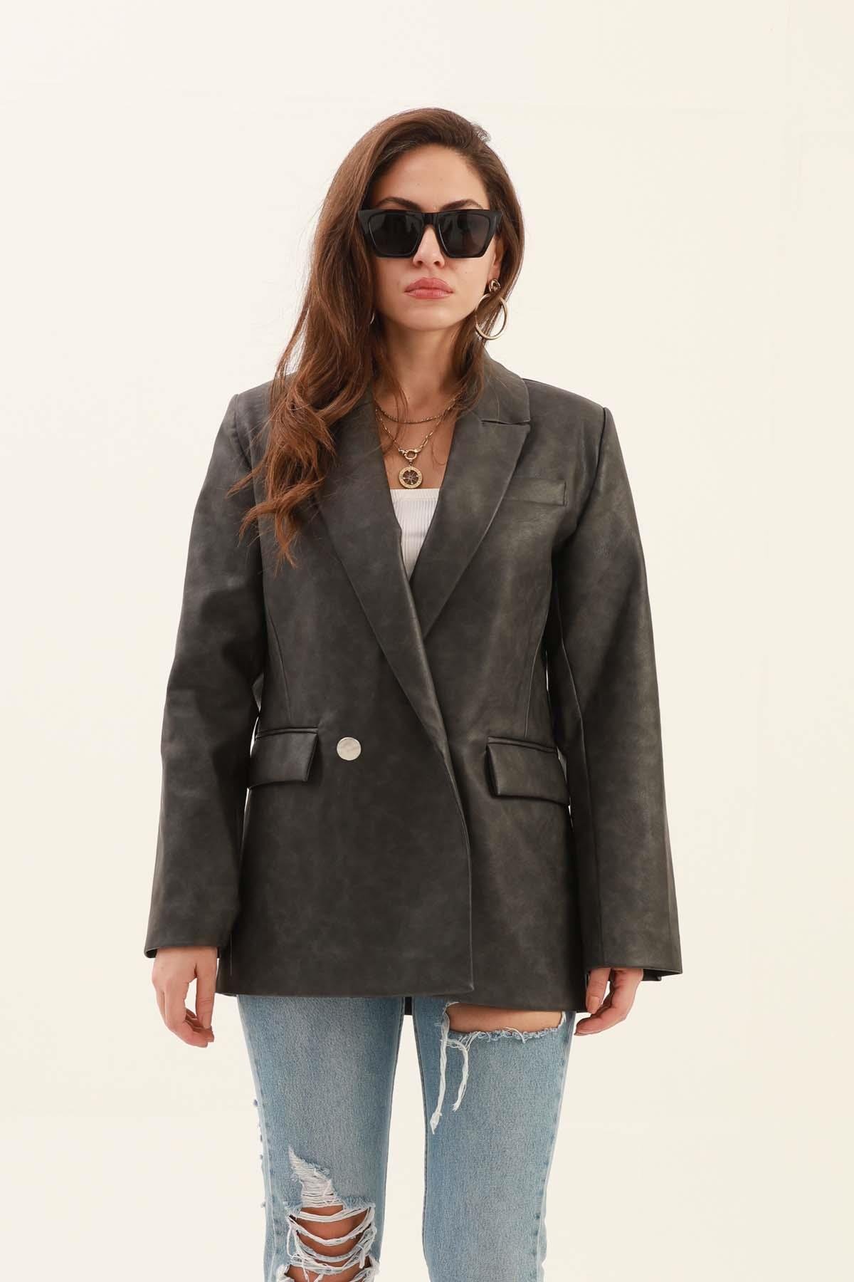 Kruvaze Yaka Çift Düğmeli Eskitme Desen Deri Ceket - Antrasit