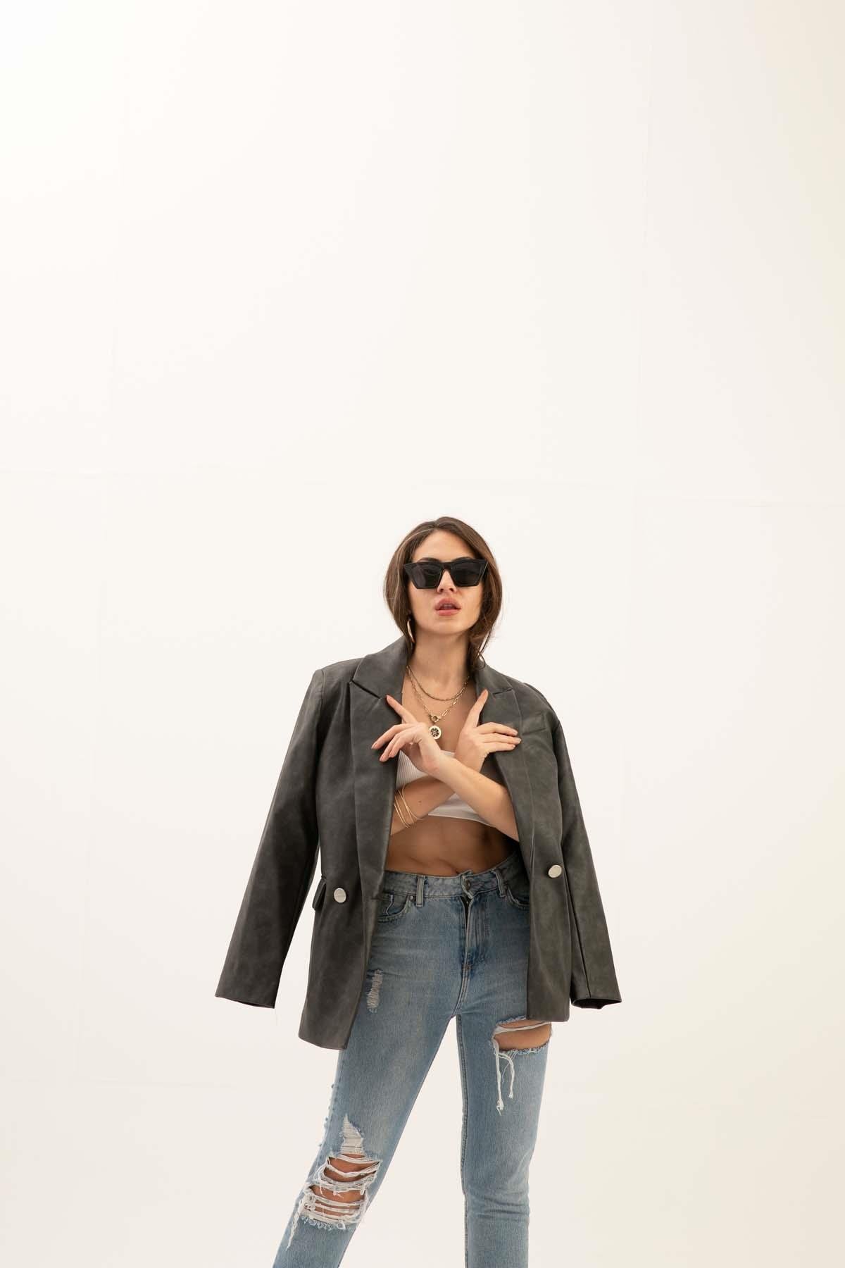 Kruvaze Yaka Çift Düğmeli Eskitme Desen Deri Ceket - Antrasit