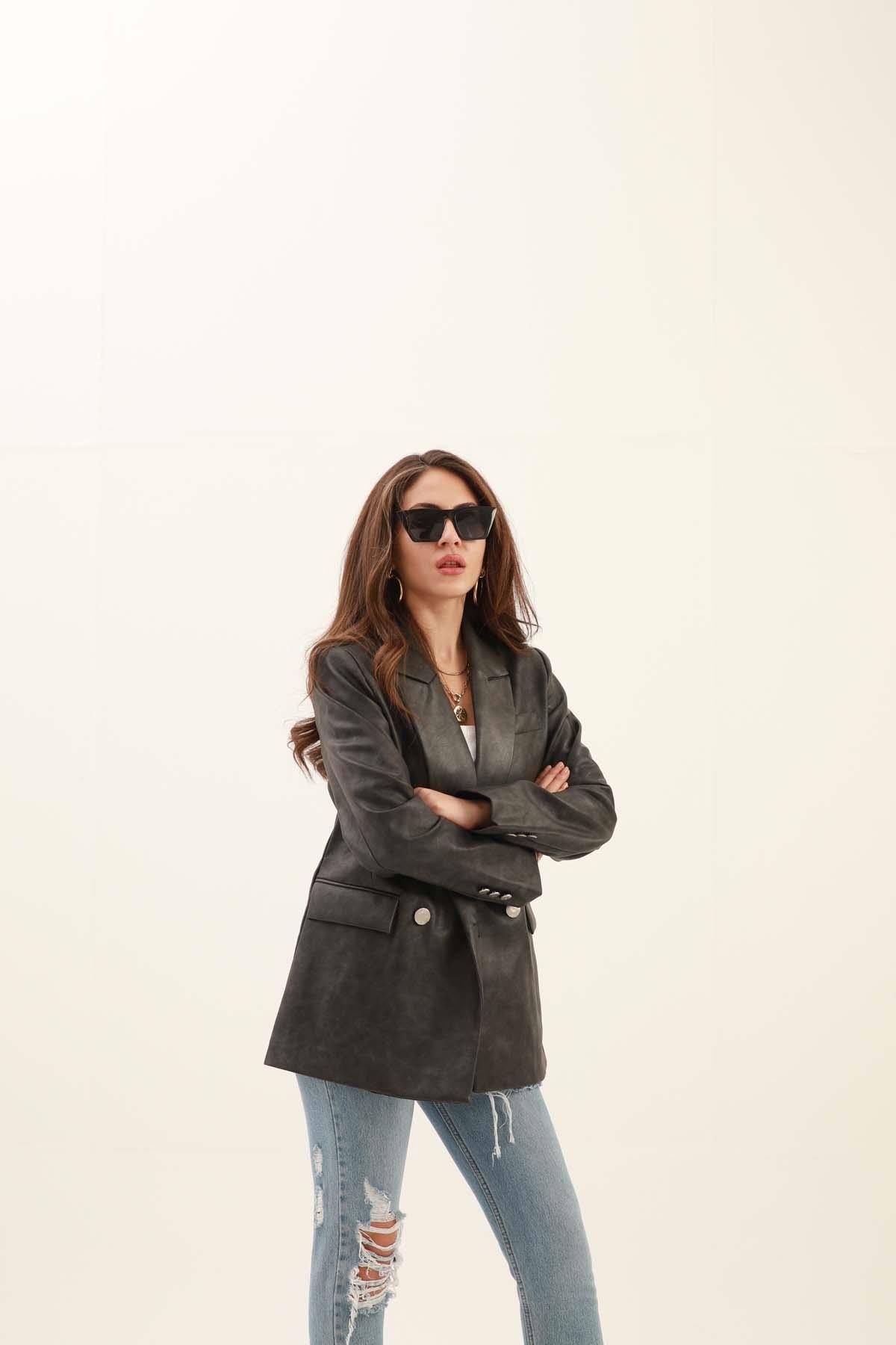 Kruvaze Yaka Çift Düğmeli Eskitme Desen Deri Ceket - Antrasit