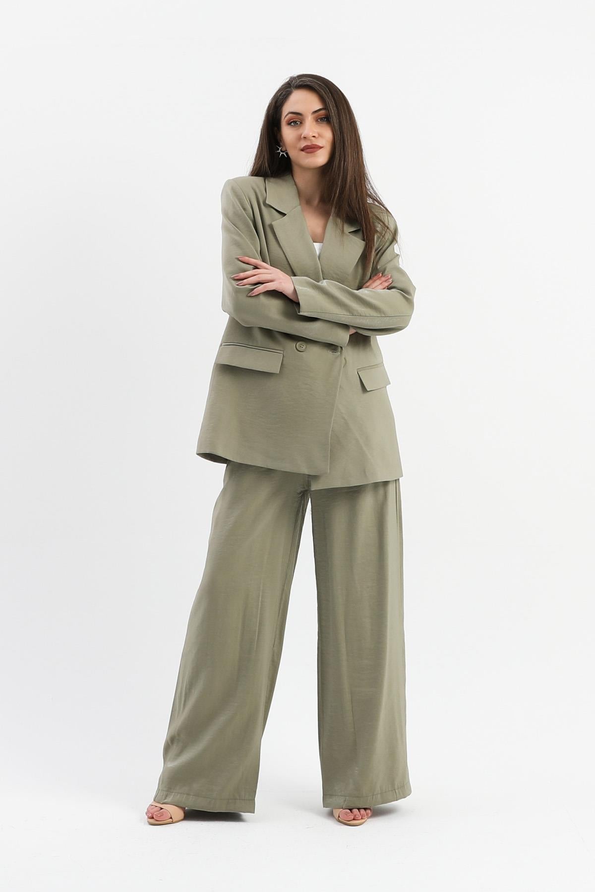 Kruvaze Yaka Parlak Keten Blazer Ceket - Haki