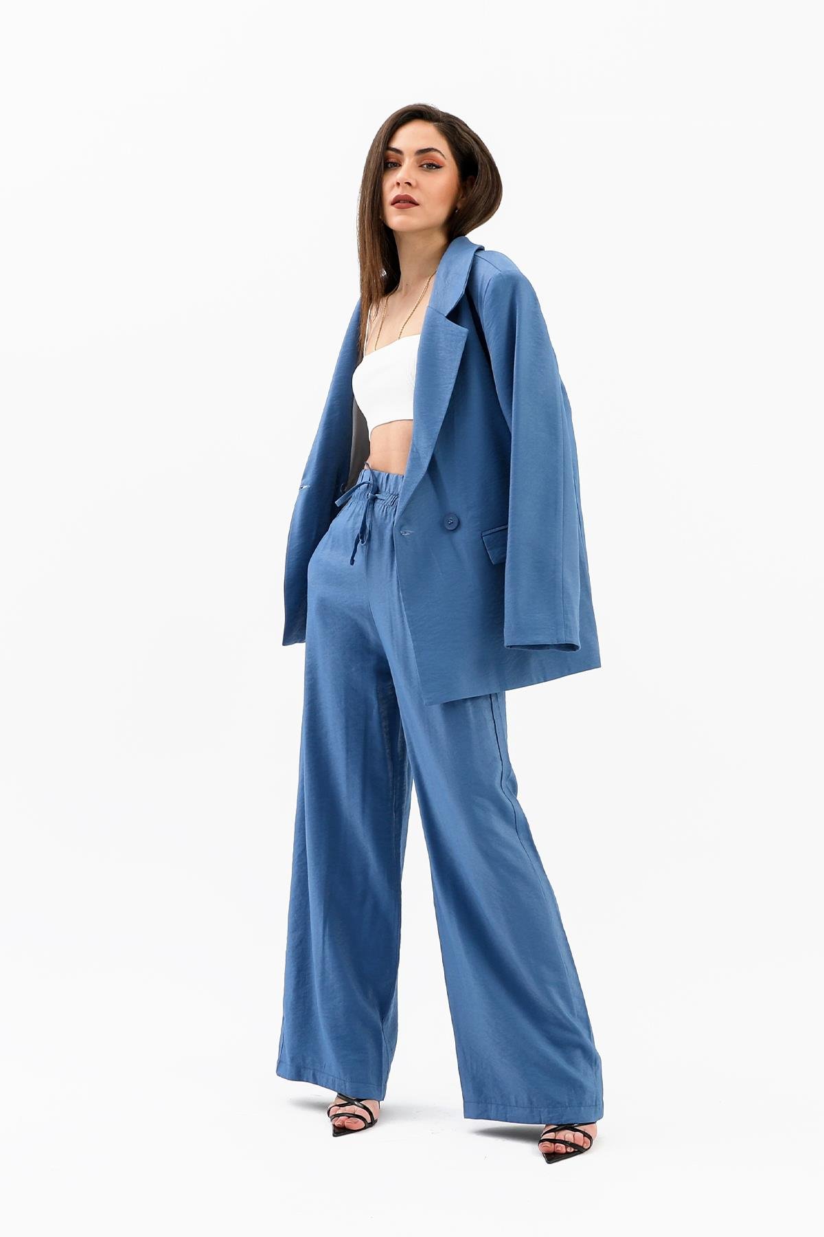 Kruvaze Yaka Parlak Keten Blazer Ceket - İndigo