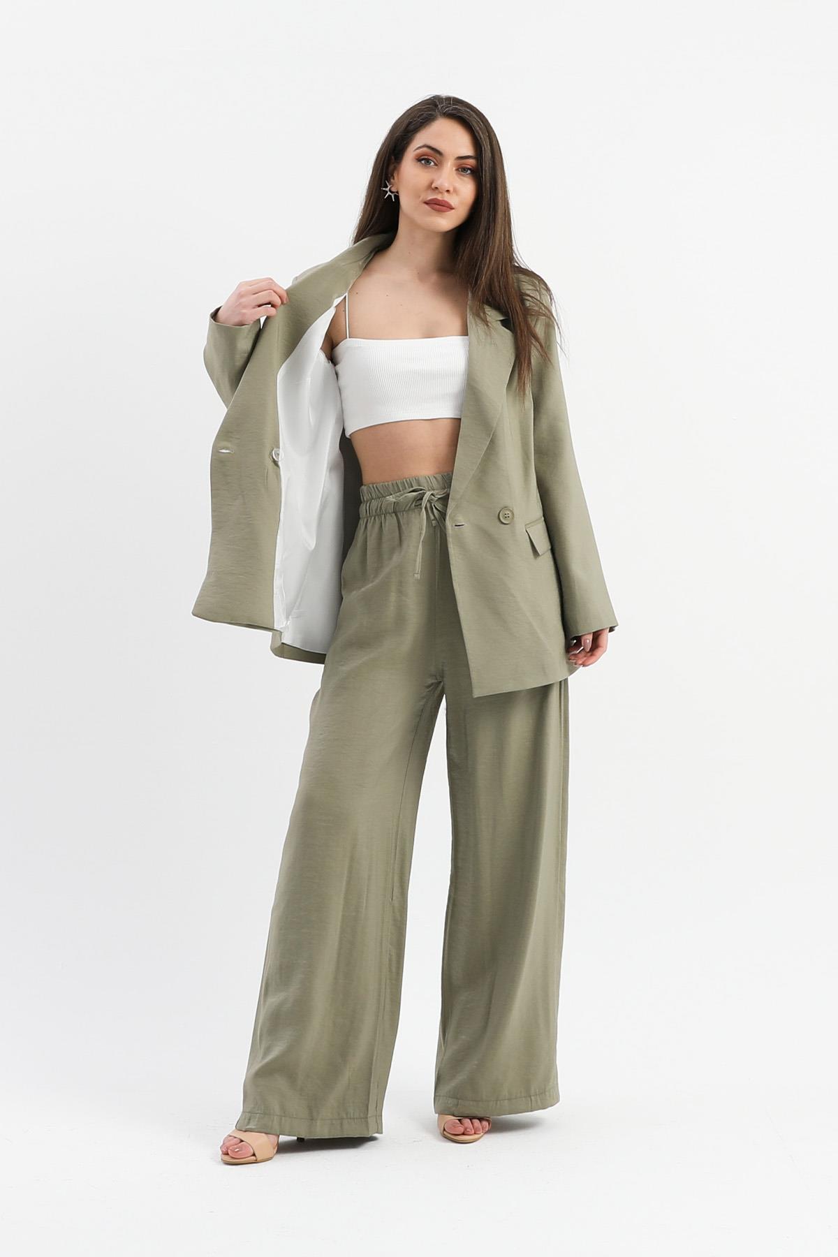 Kruvaze Yaka Parlak Keten Blazer Ceket - Haki