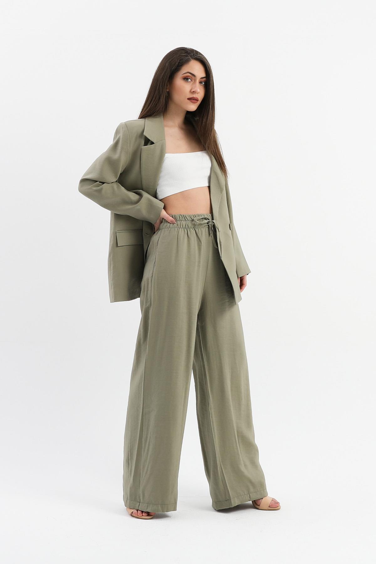 Kruvaze Yaka Parlak Keten Blazer Ceket - Haki
