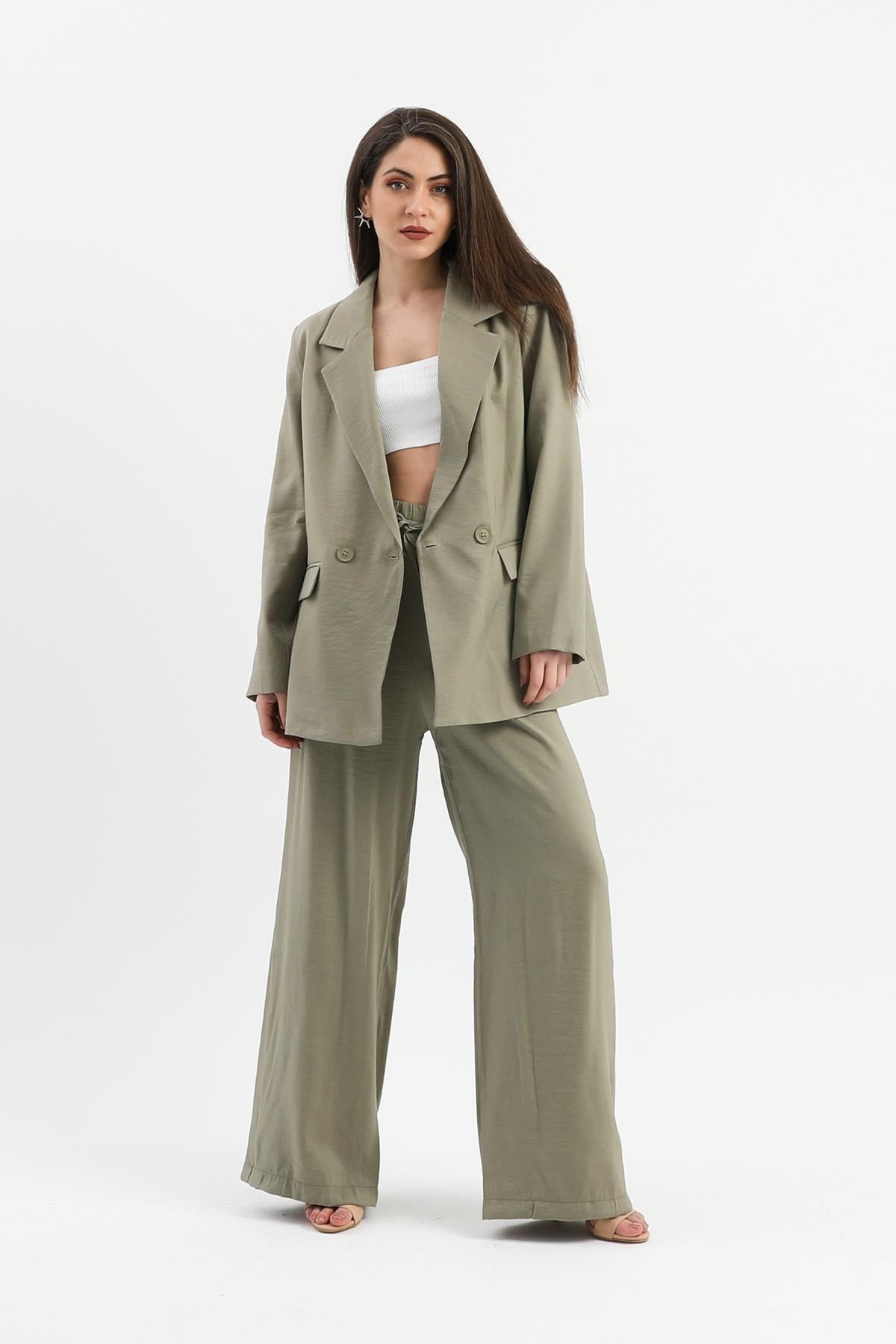 Kruvaze Yaka Parlak Keten Blazer Ceket - Haki