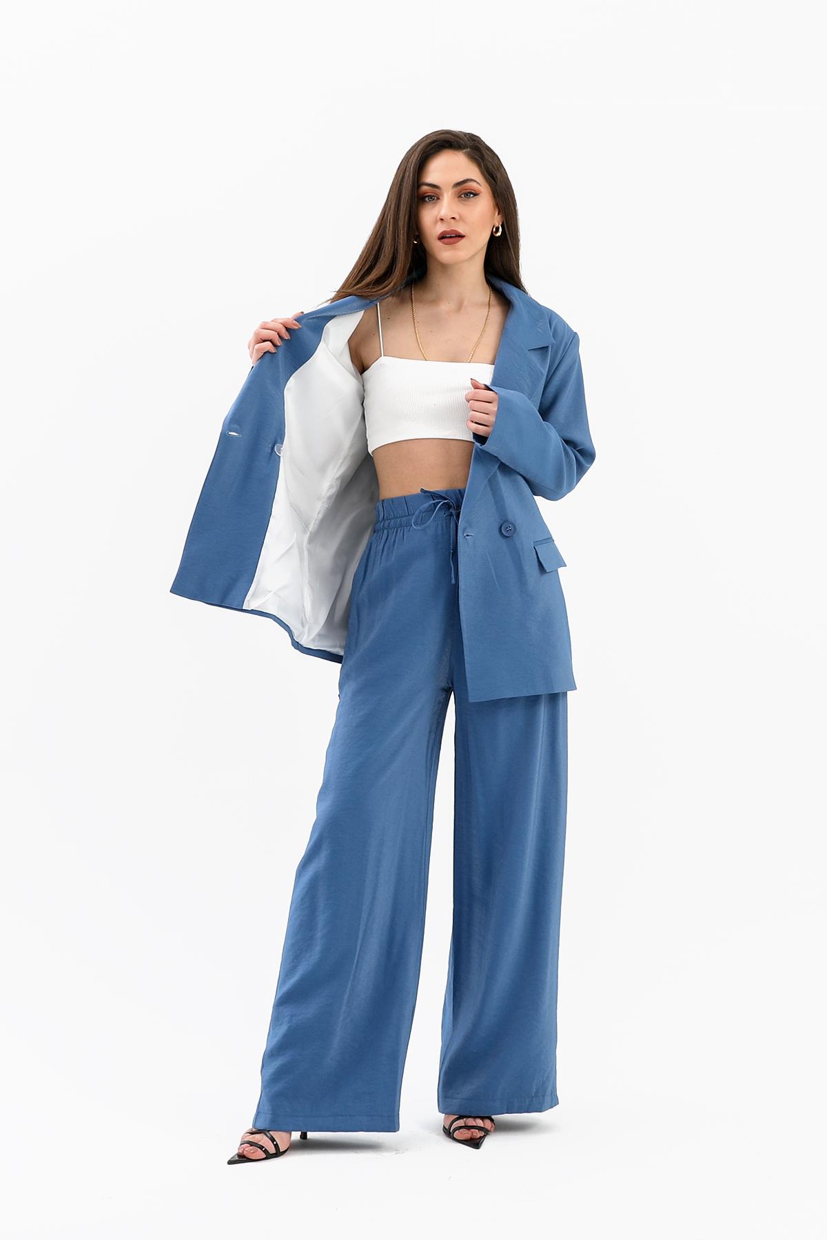 Kruvaze Yaka Parlak Keten Blazer Ceket - İndigo