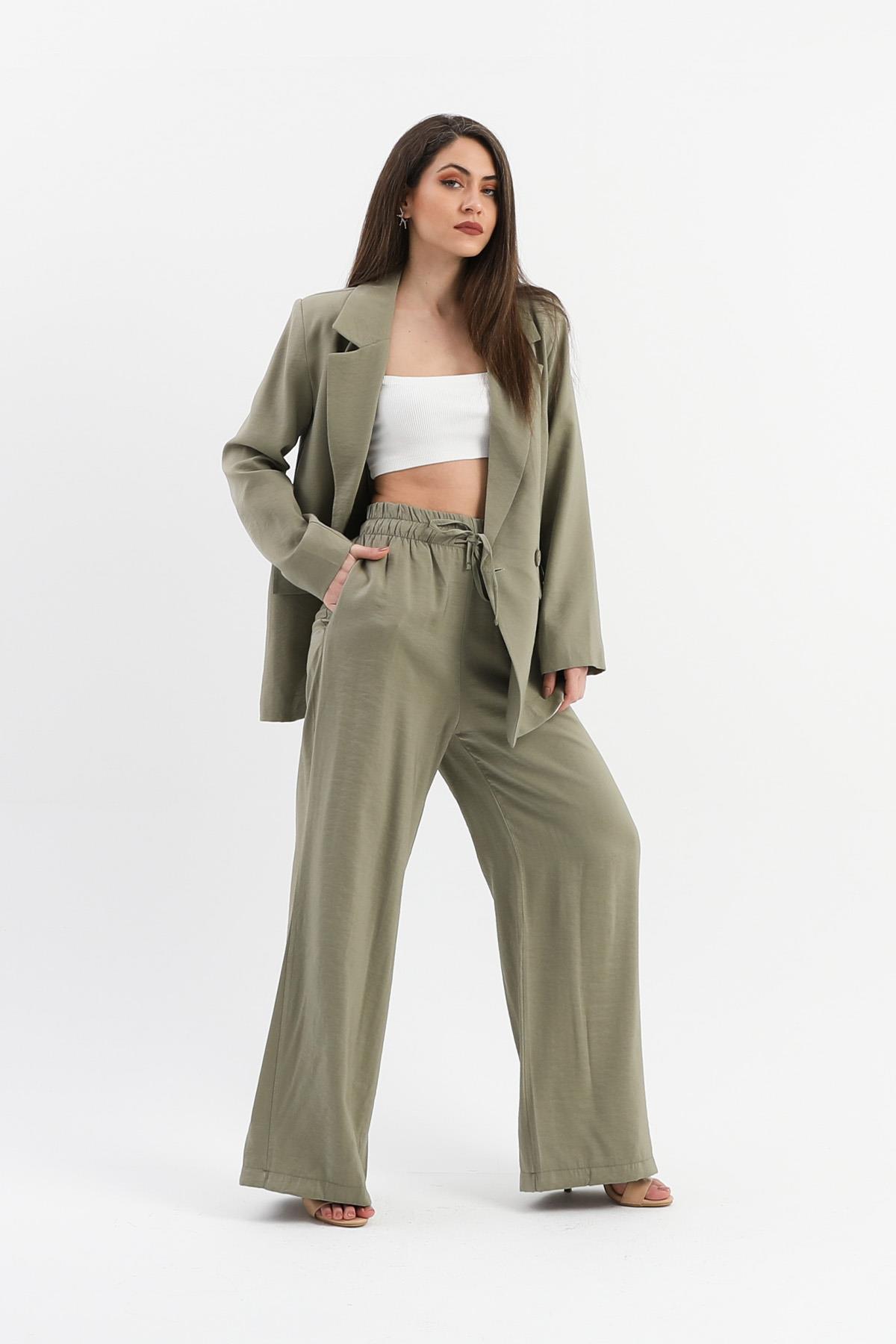 Kruvaze Yaka Parlak Keten Blazer Ceket - Haki