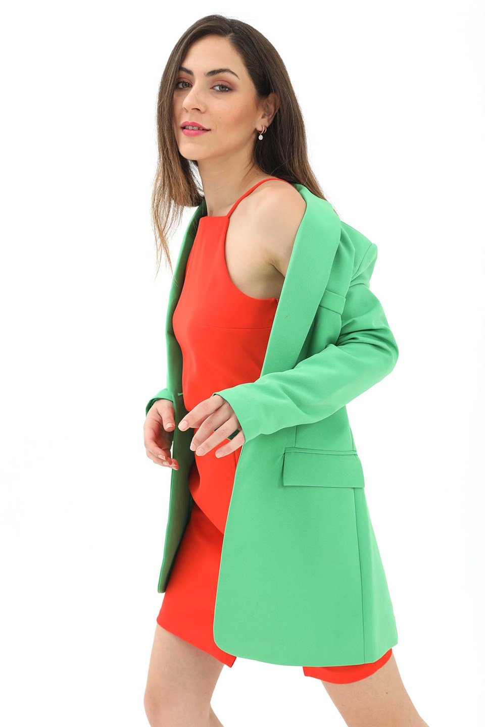 Kruvaze Yaka Tek Düğme Vatkalı Blazer Ceket - Yeşil