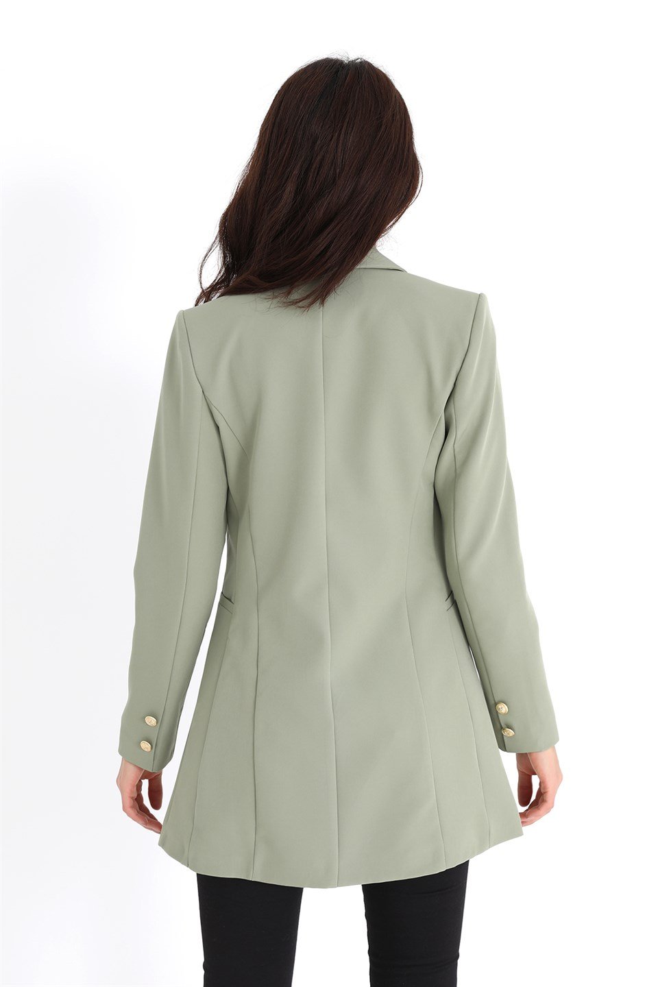 Omuzları Vatkalı Önü Çıtçıtlı Atlas Kumaş Kadın Blazer Ceket - Açık Yeşil