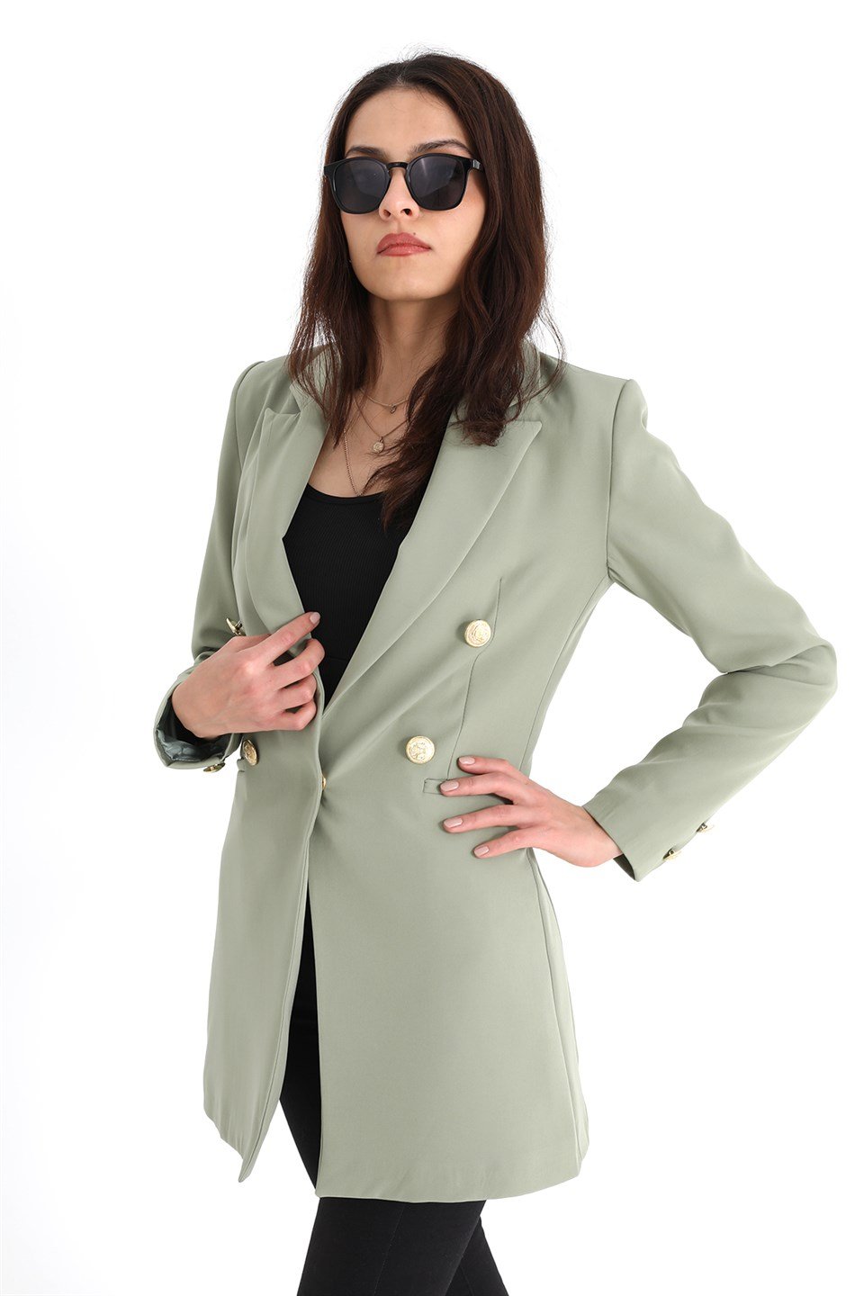 Omuzları Vatkalı Önü Çıtçıtlı Atlas Kumaş Kadın Blazer Ceket - Açık Yeşil
