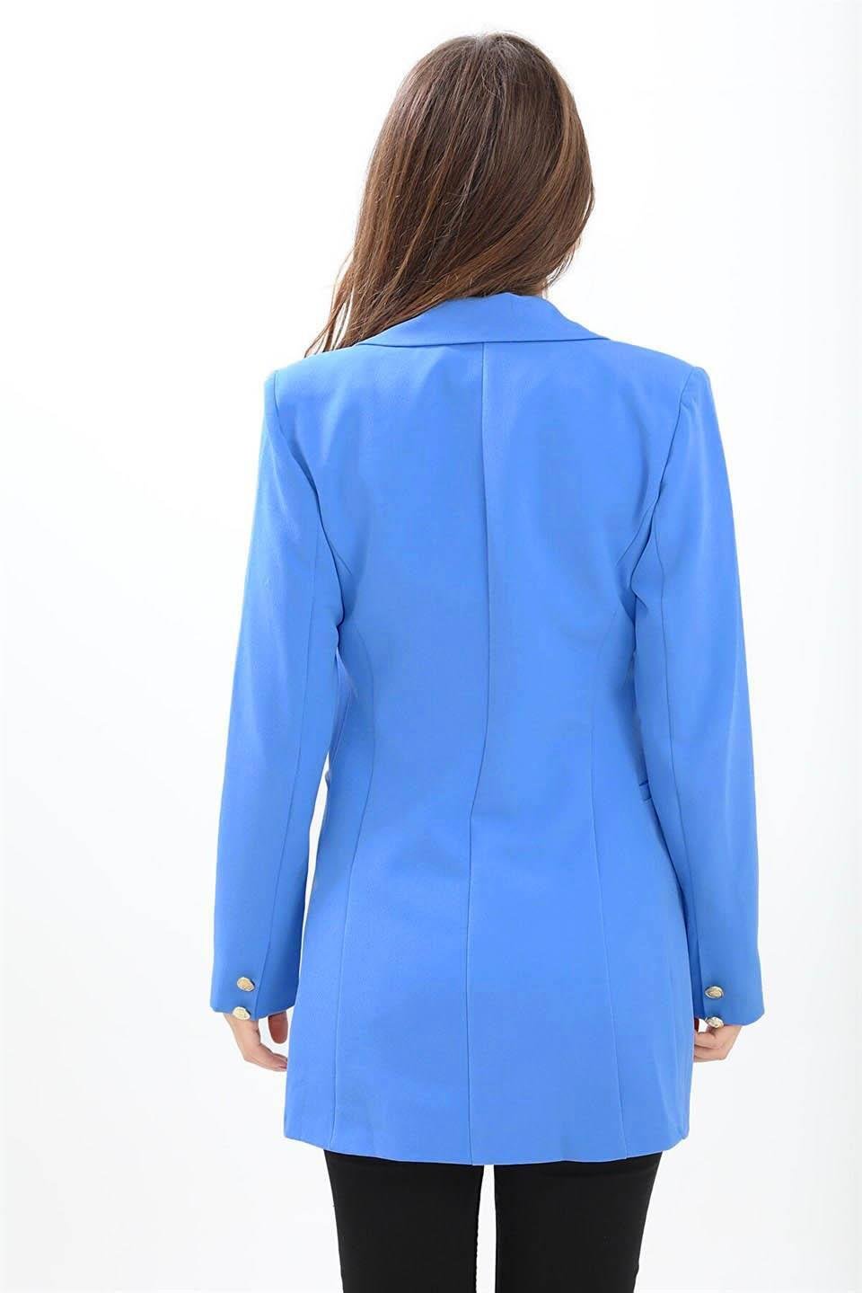 Omuzları Vatkalı Önü Çıtçıtlı Atlas Kumaş Kadın Blazer Ceket - Mavi
