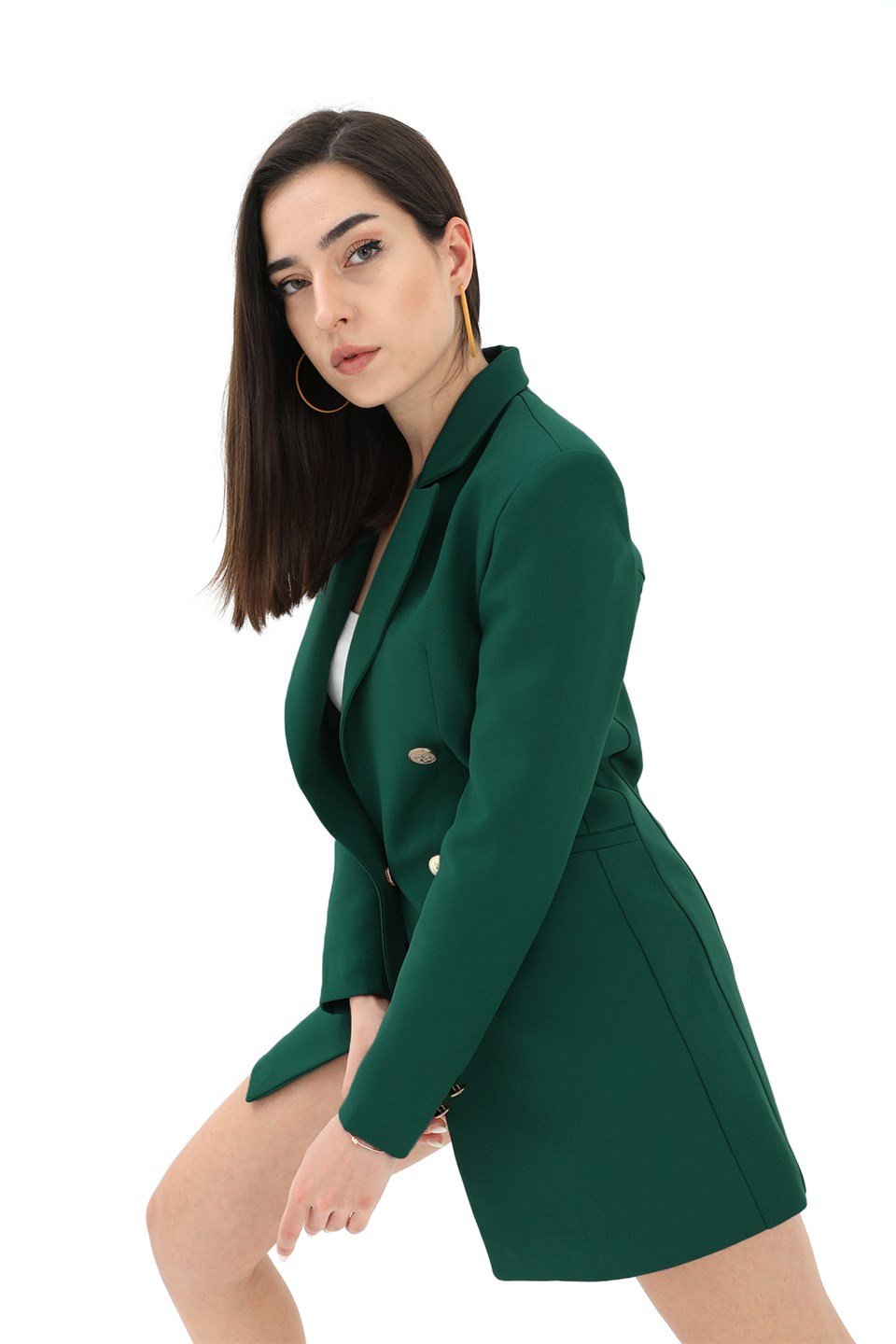 Omuzları Vatkalı Önü Çıtçıtlı Atlas Kumaş Kadın Blazer Ceket - Zümrüt