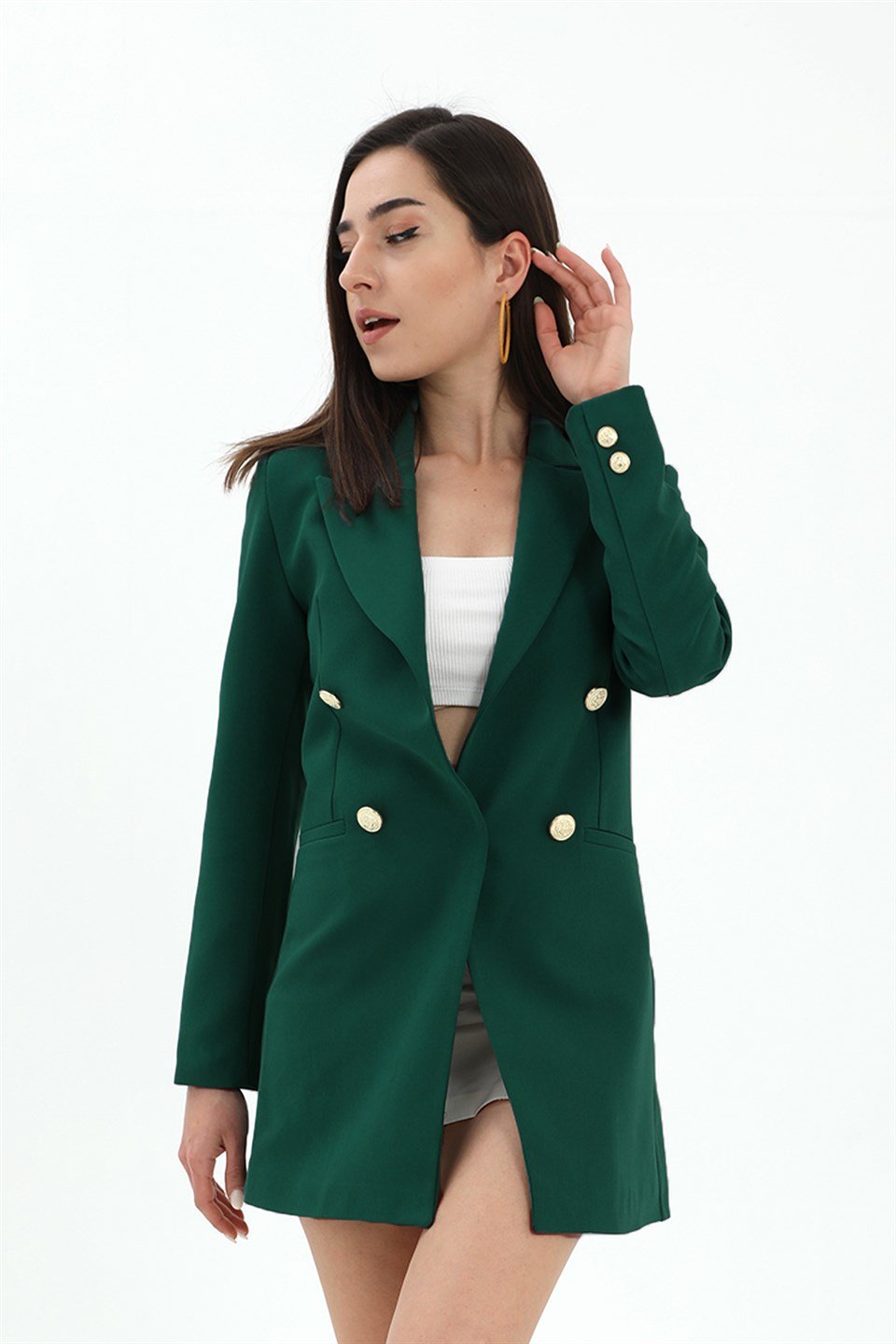 Omuzları Vatkalı Önü Çıtçıtlı Atlas Kumaş Kadın Blazer Ceket - Zümrüt