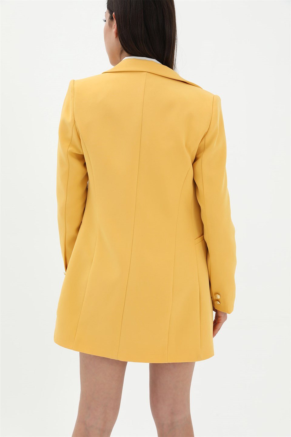 Omuzları Vatkalı Önü Çıtçıtlı Atlas Kumaş Kadın Blazer Ceket - Sarı
