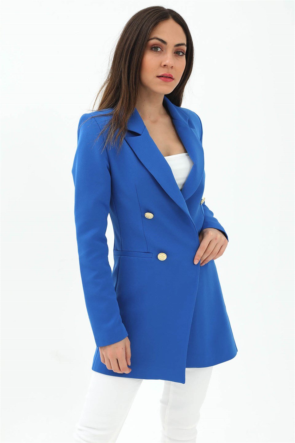 Omuzları Vatkalı Önü Çıtçıtlı Atlas Kumaş Kadın Blazer Ceket - SaksMavisi