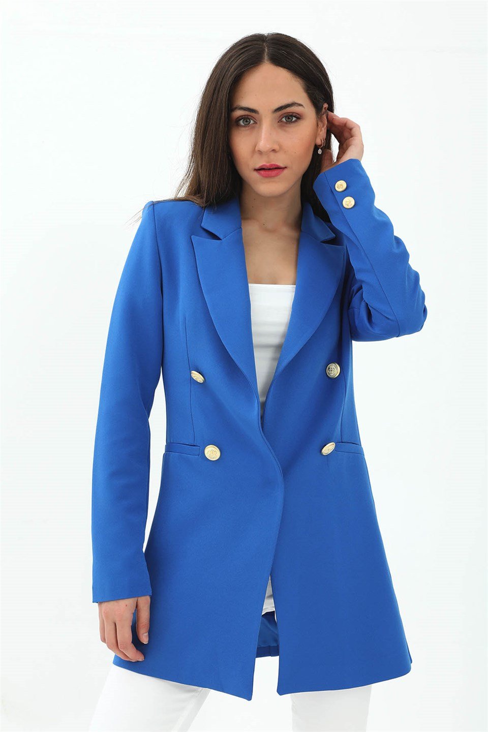 Omuzları Vatkalı Önü Çıtçıtlı Atlas Kumaş Kadın Blazer Ceket - SaksMavisi