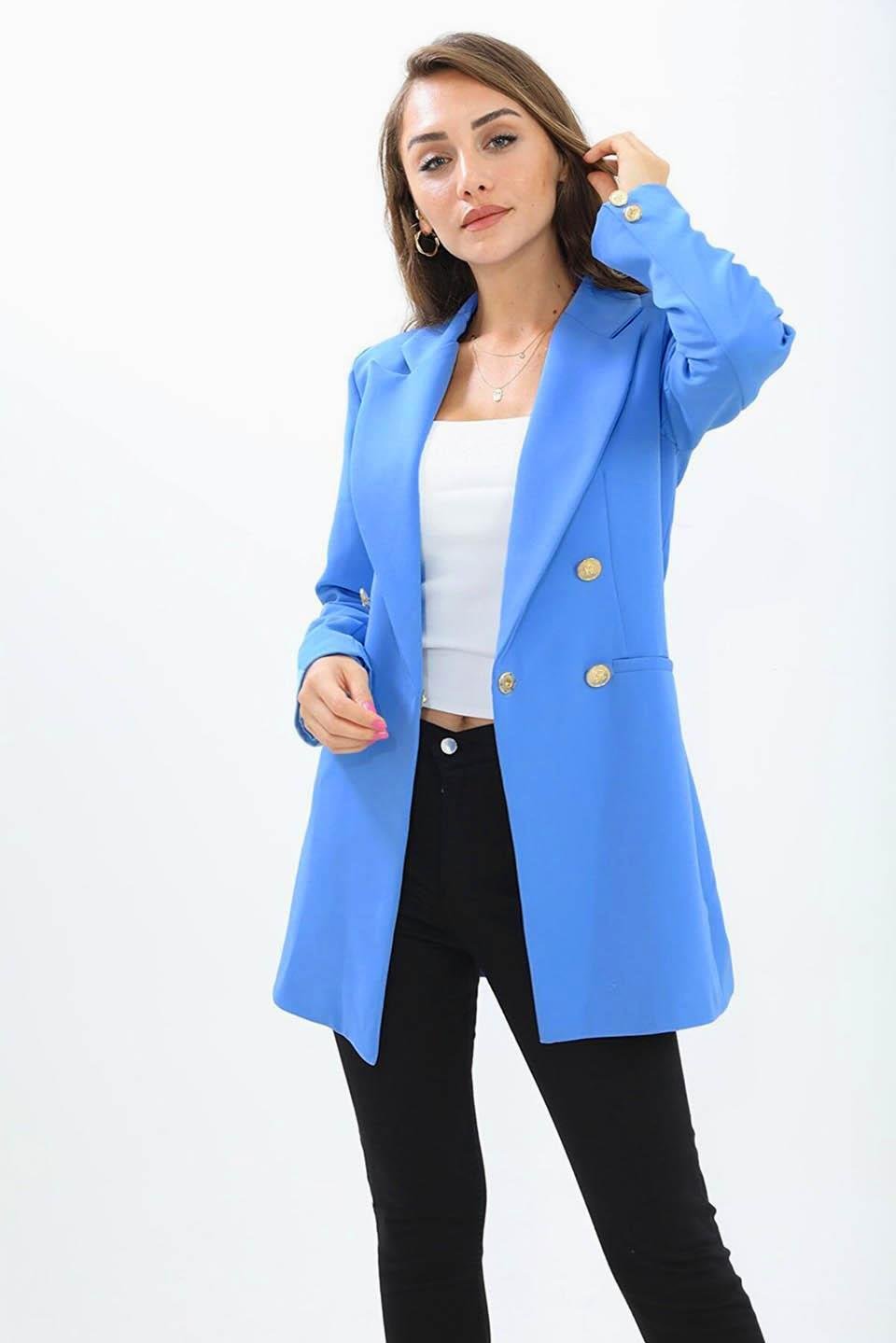 Omuzları Vatkalı Önü Çıtçıtlı Atlas Kumaş Kadın Blazer Ceket - Mavi