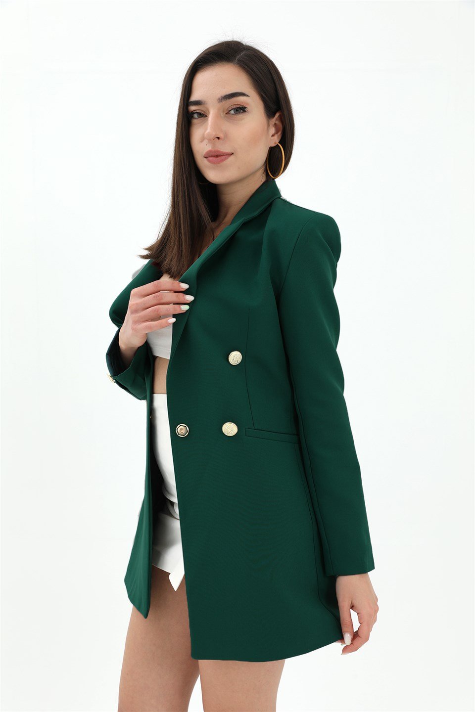 Omuzları Vatkalı Önü Çıtçıtlı Atlas Kumaş Kadın Blazer Ceket - Zümrüt