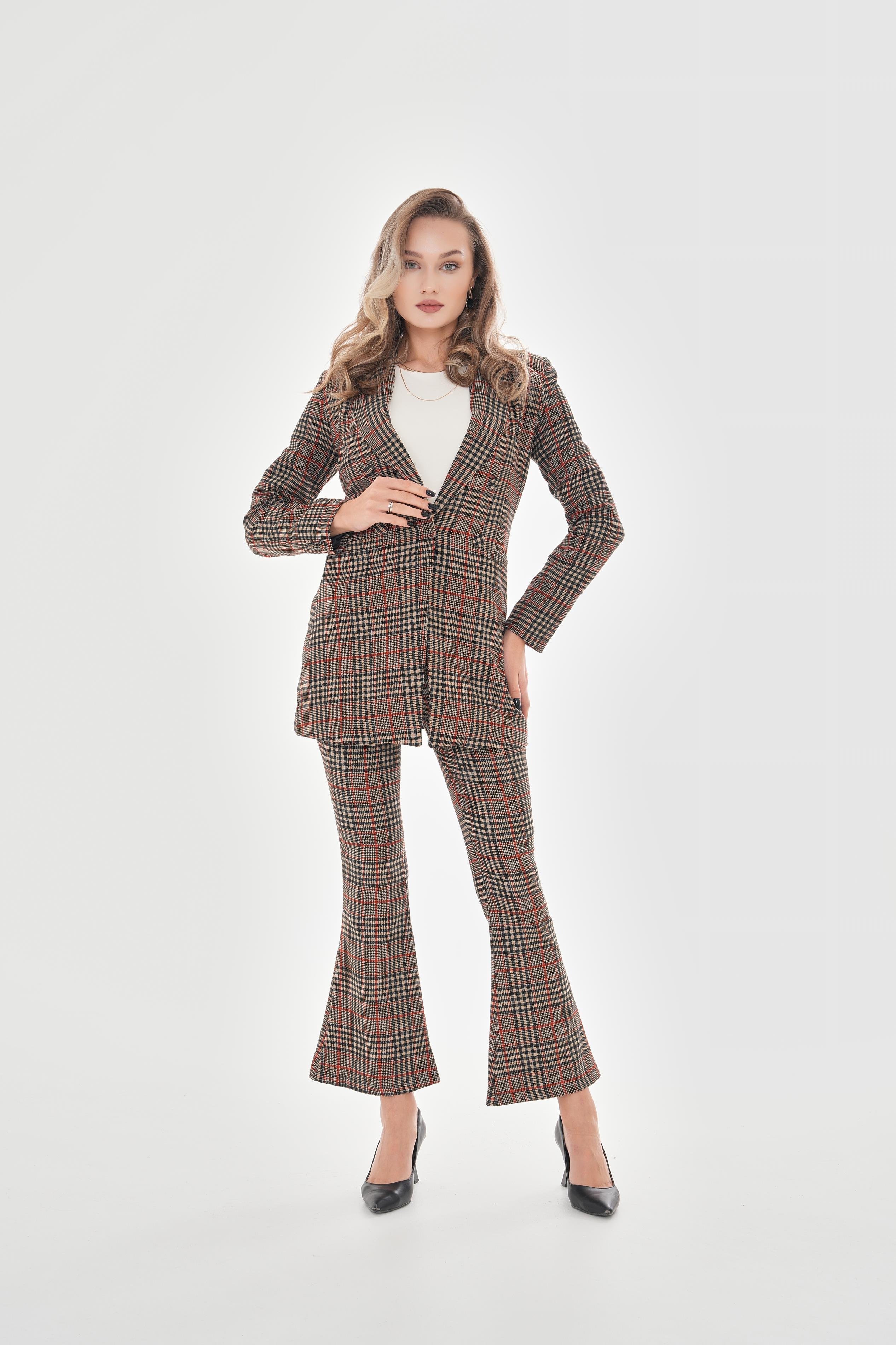 Omuzları Vatkalı Önü Çıtçıtlı Ekose Blazer Ceket - Kırmızı