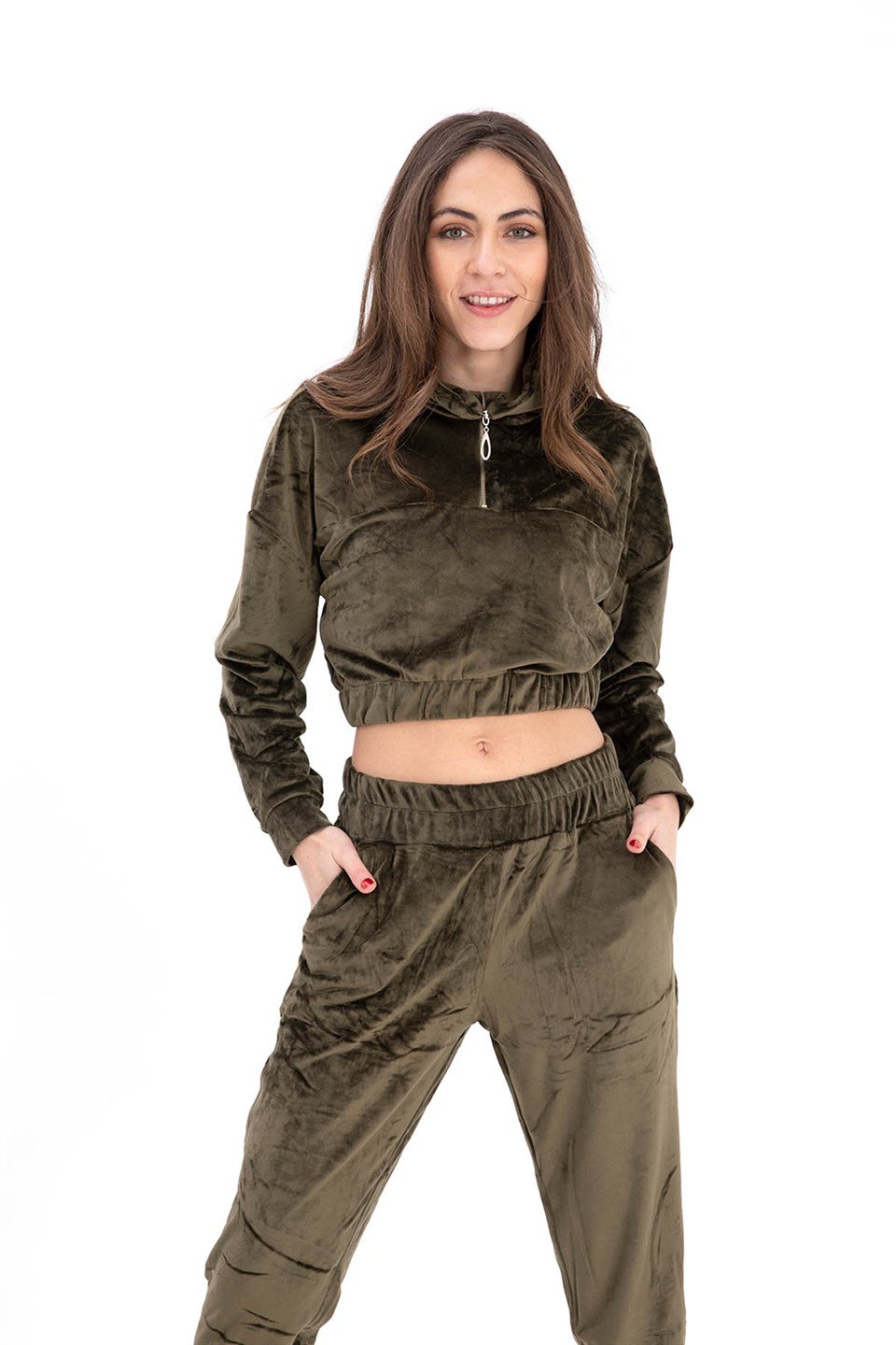 Önü Fermuarlı Kadife Eşofman Takım - Haki