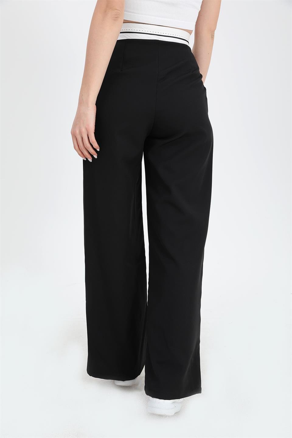 Pantolon Garni Kemerli Atlas Kumaş - Siyah