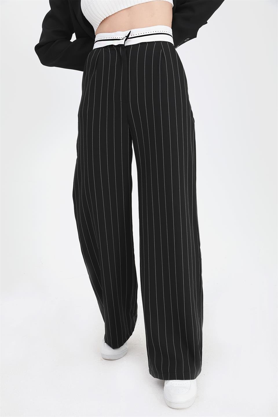 Pantolon Garni Kemerli Geniş Çizgili - Siyah